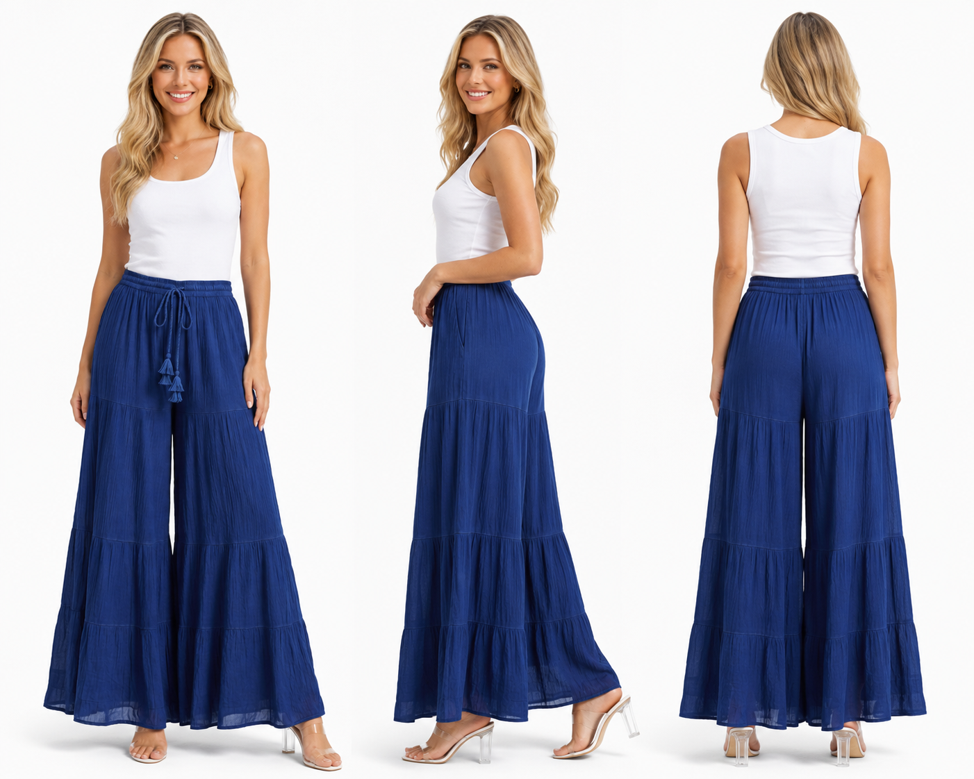 Boho Tiered Wide Leg Palazzo Pants, Crinkle Rayon Gauze Gypsy Hippie Trousers