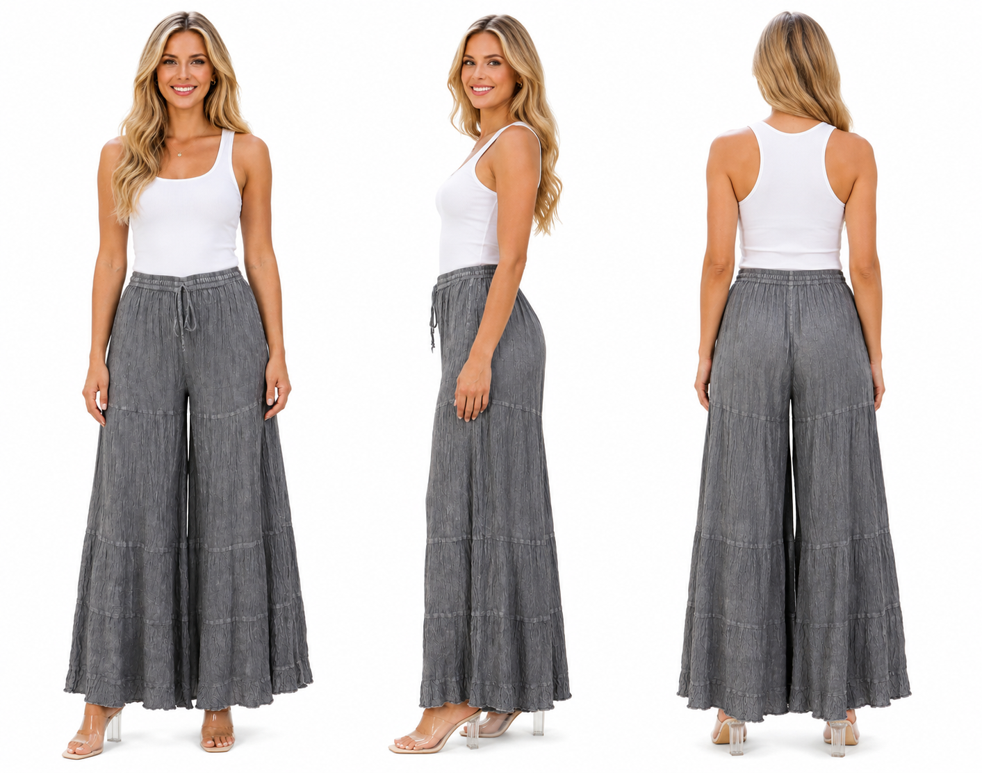 Boho Tiered Wide Leg Palazzo Pants, Crinkle Rayon Gauze Gypsy Hippie Trousers