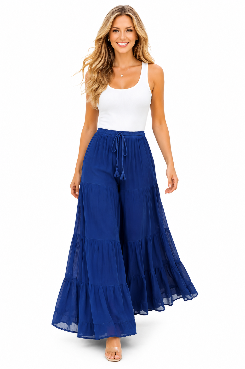 Boho Tiered Wide Leg Palazzo Pants, Crinkle Rayon Gauze Gypsy Hippie Trousers