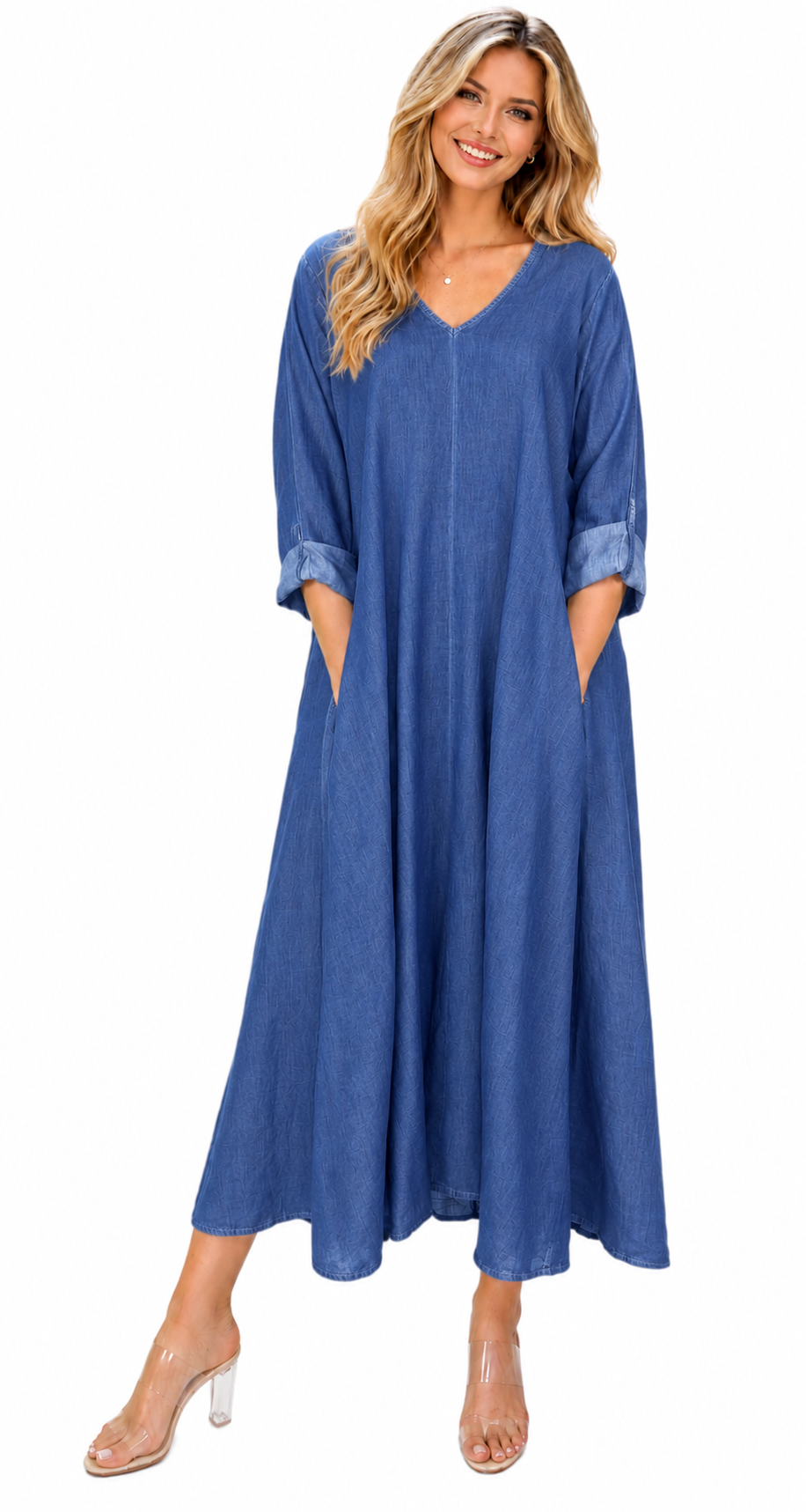 Women's quality Denim Swing Maxi a line Dress, Loose Fitting, Made in Italy S-L AND XL/2X