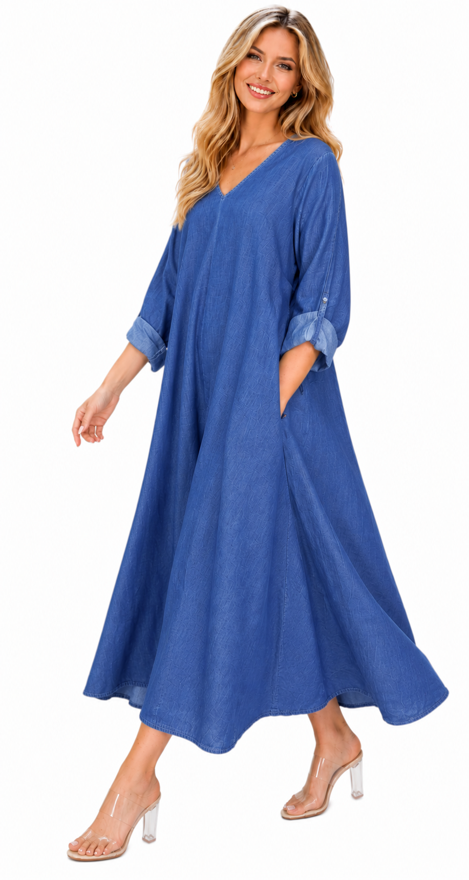 Women's quality Denim Swing Maxi a line Dress, Loose Fitting, Made in Italy S-L AND XL/2X