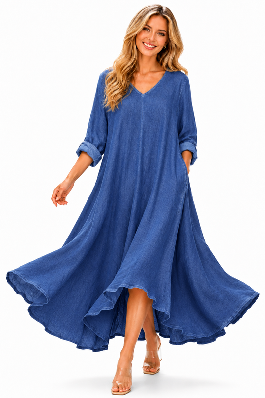 Women's quality Denim Swing Maxi a line Dress, Loose Fitting, Made in Italy S-L AND XL/2X