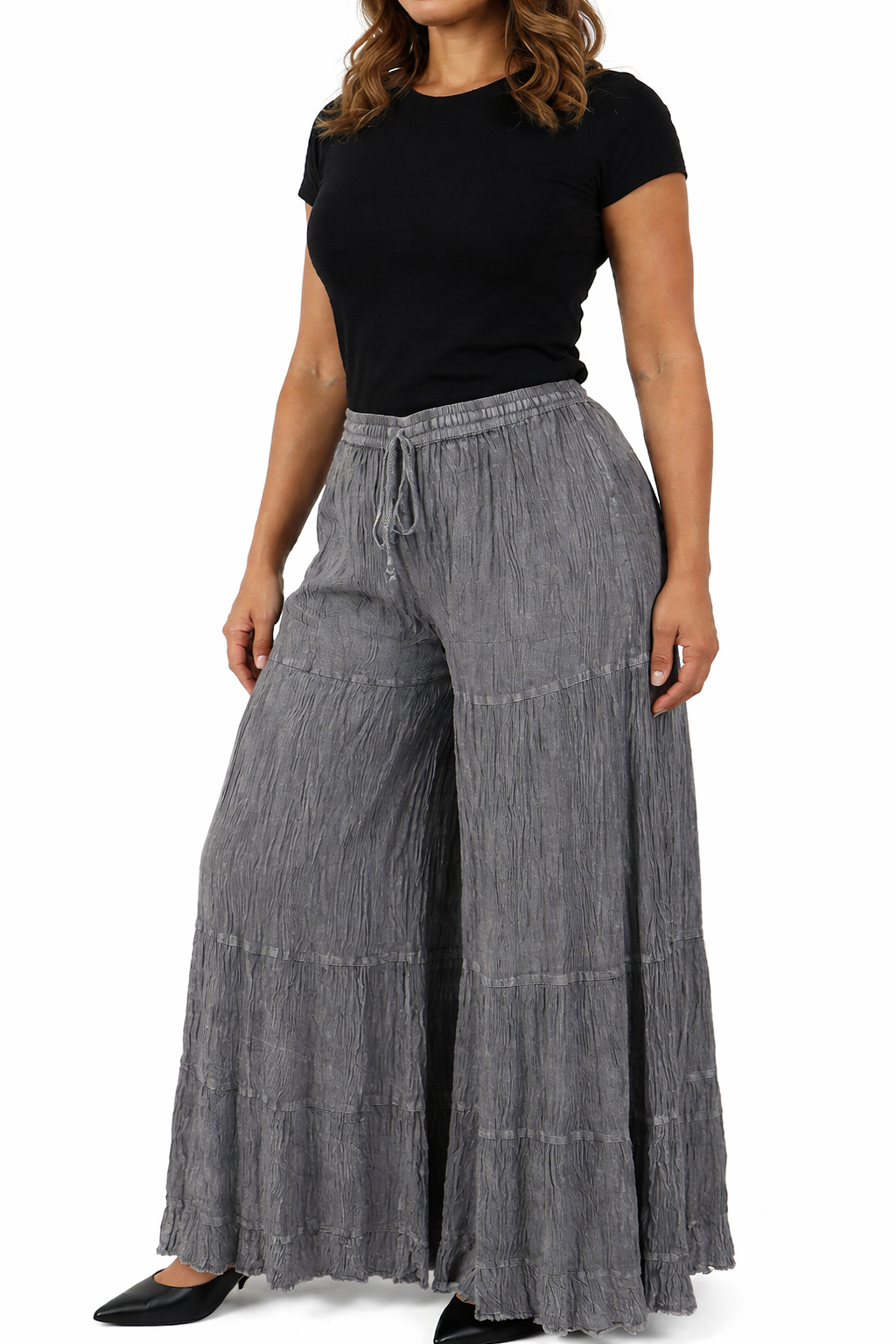 Boho Tiered Wide Leg Palazzo Pants, Crinkle Rayon Gauze Gypsy Hippie Trousers