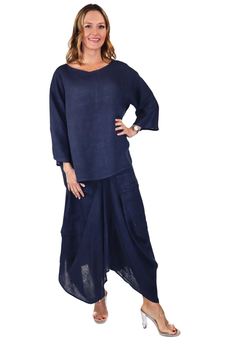 Linen Boho Breathable 2 Piece Pure Washed European Skirt and Top Set, Made in Italy Active