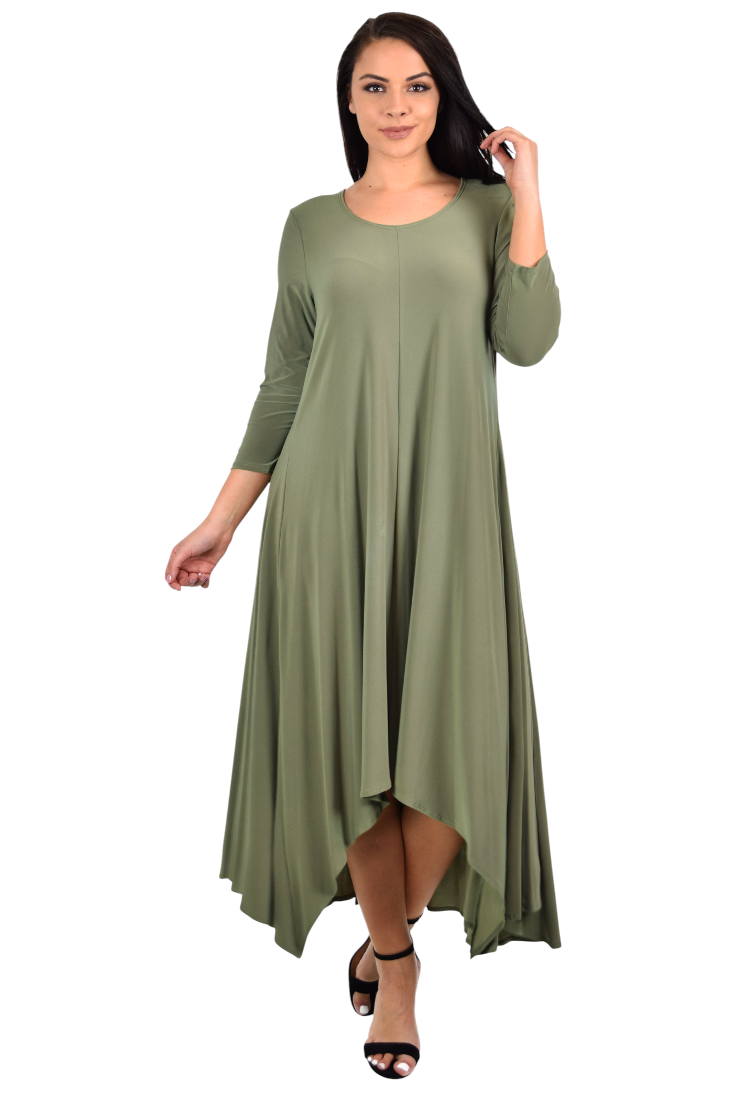 Designer Dress, Quirky Dress, Hi Low Dress, Plus size clothing, Flared Dress, Lagenlook Dress,Plus size Olive Dress, Olive Maxi Dress