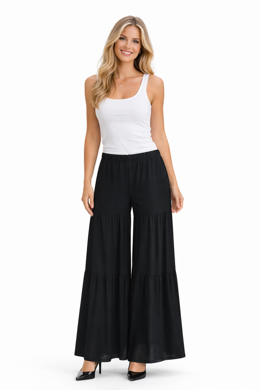 Designer Boho Pants, Tiered pants, USA made Designer Pants, Palazzo Pants, Black Pants