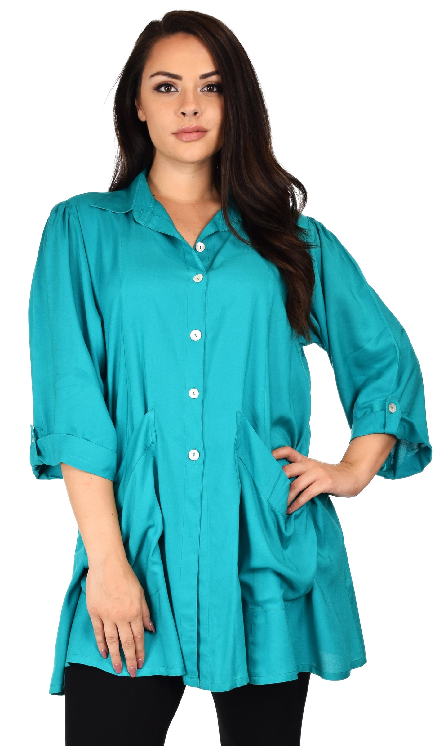 Button Down Tunic Blouse Shirt w/ Roll Up Sleeves