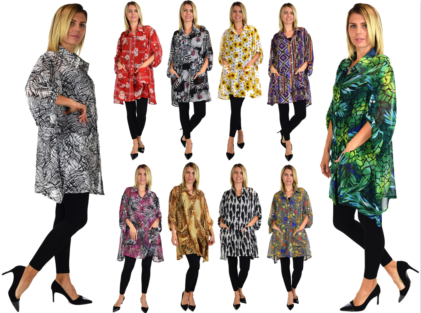 Button Down Semi-Sheer Tunic Blouse Shirt w/ Roll Up Sleeves