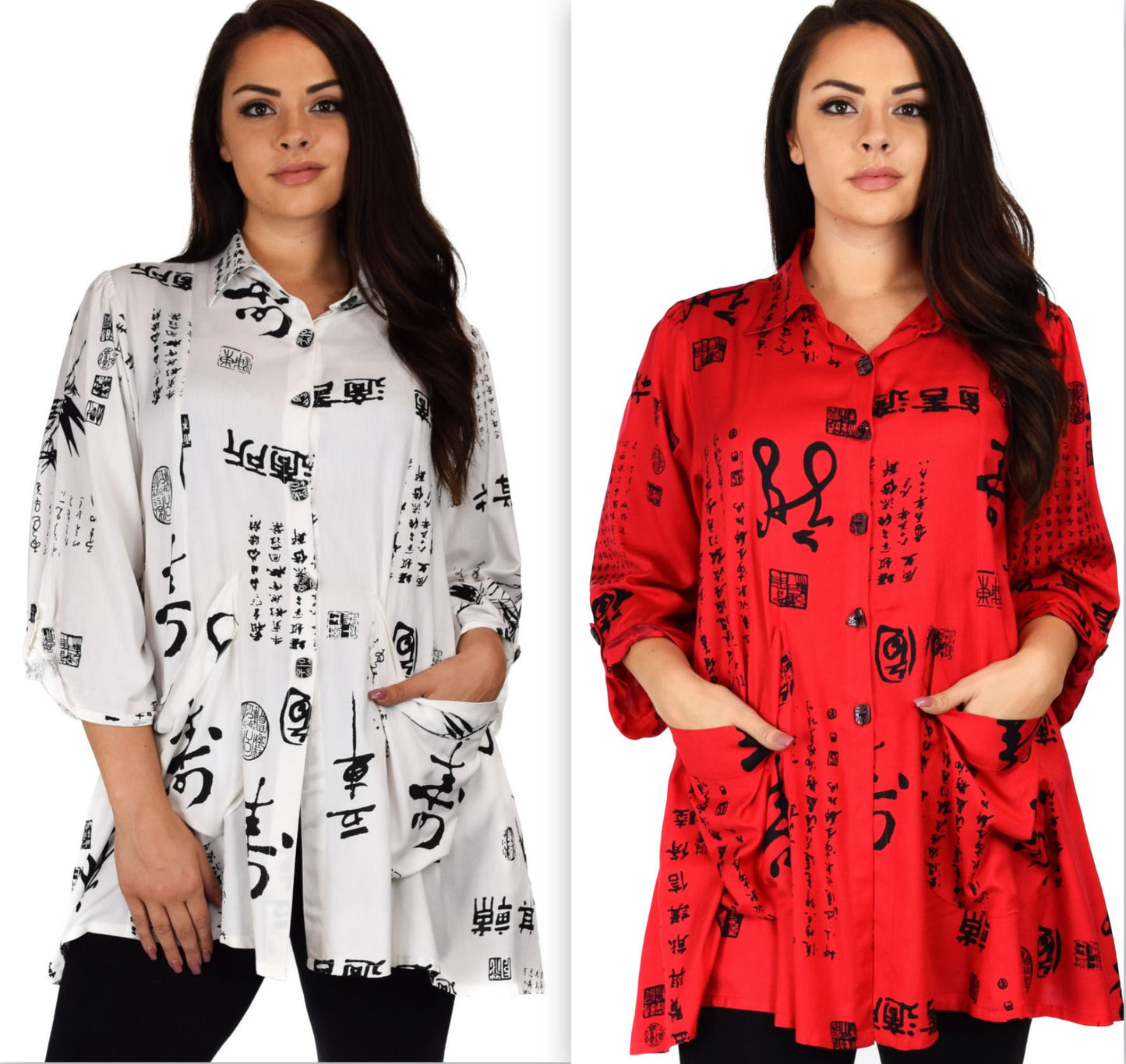Button Down Tunic Blouse Shirt w/ Roll Up Sleeves