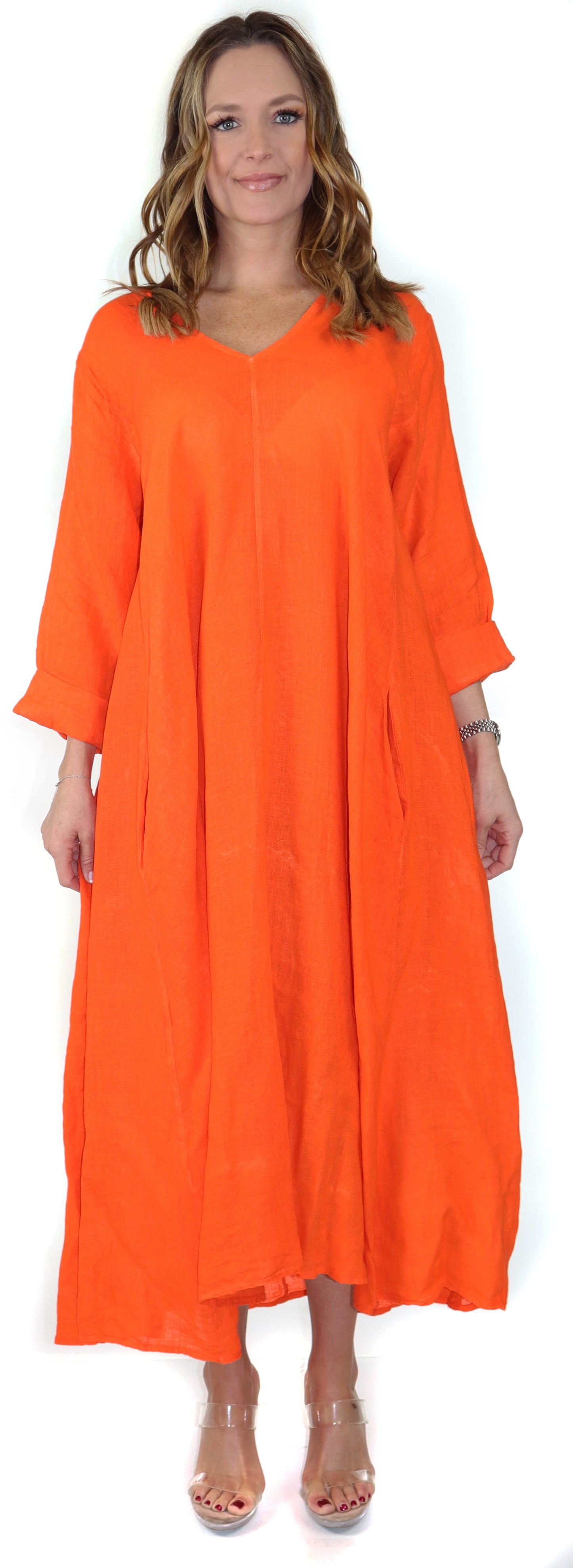 Women's Denim Linen Swing Maxi Dress, Loose Fitting, Made in Italy | Regular and Plus Sizes