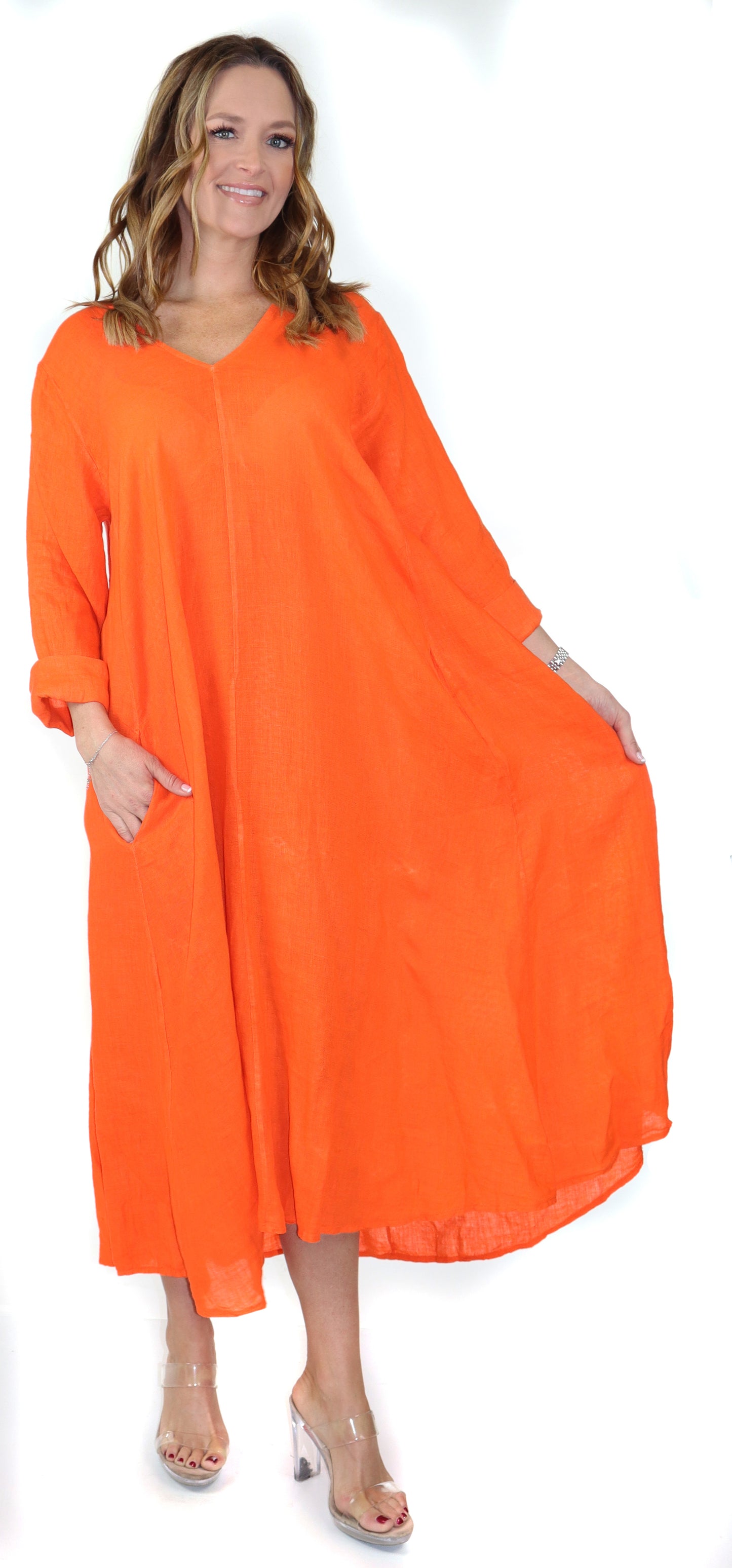 Women's Denim Linen Swing Maxi Dress, Loose Fitting, Made in Italy | Regular and Plus Sizes