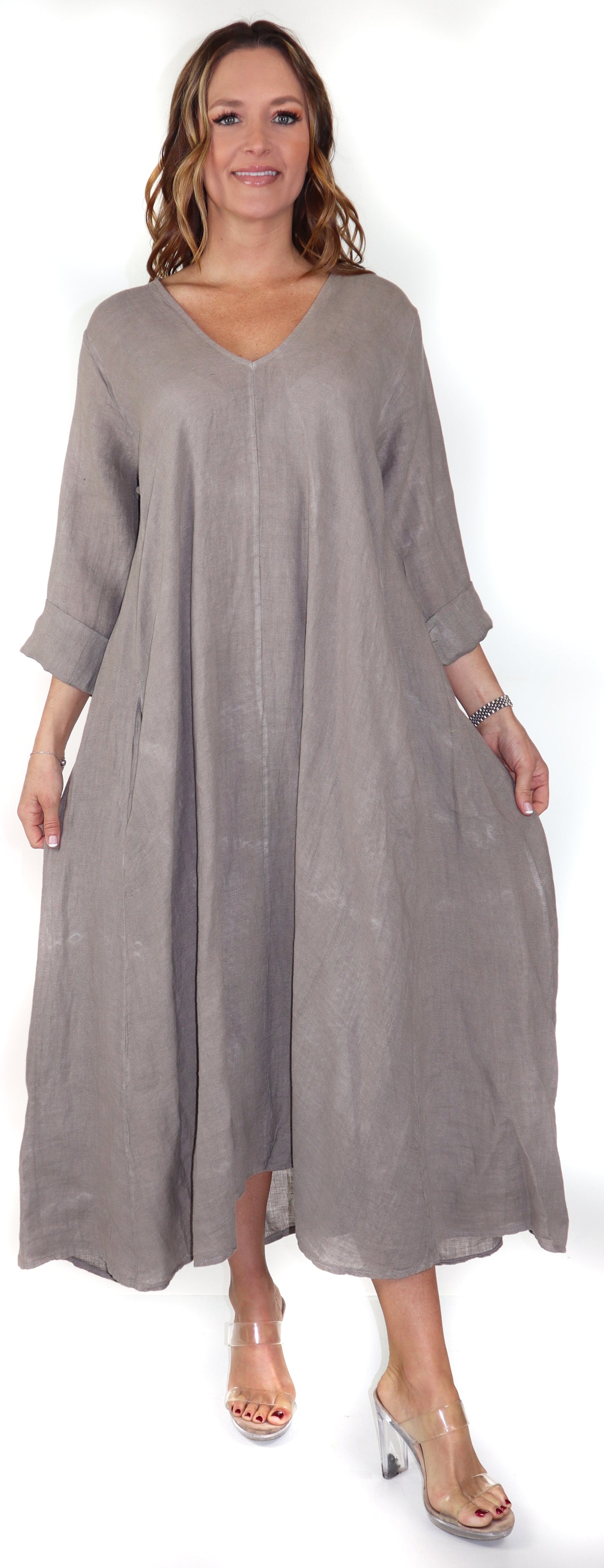 Women's Denim Linen Swing Maxi Dress, Loose Fitting, Made in Italy | Regular and Plus Sizes