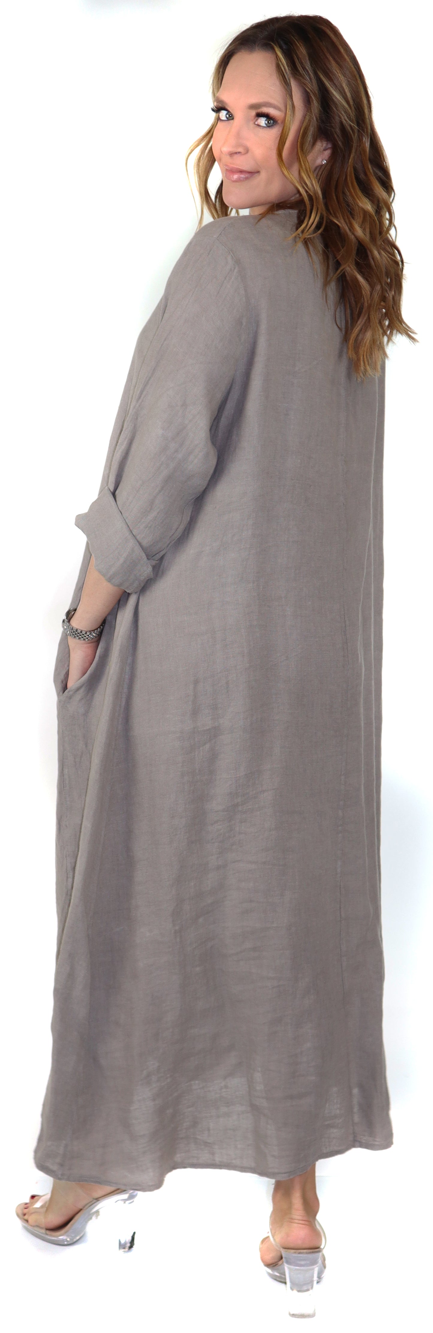 Women's Denim Linen Swing Maxi Dress, Loose Fitting, Made in Italy | Regular and Plus Sizes