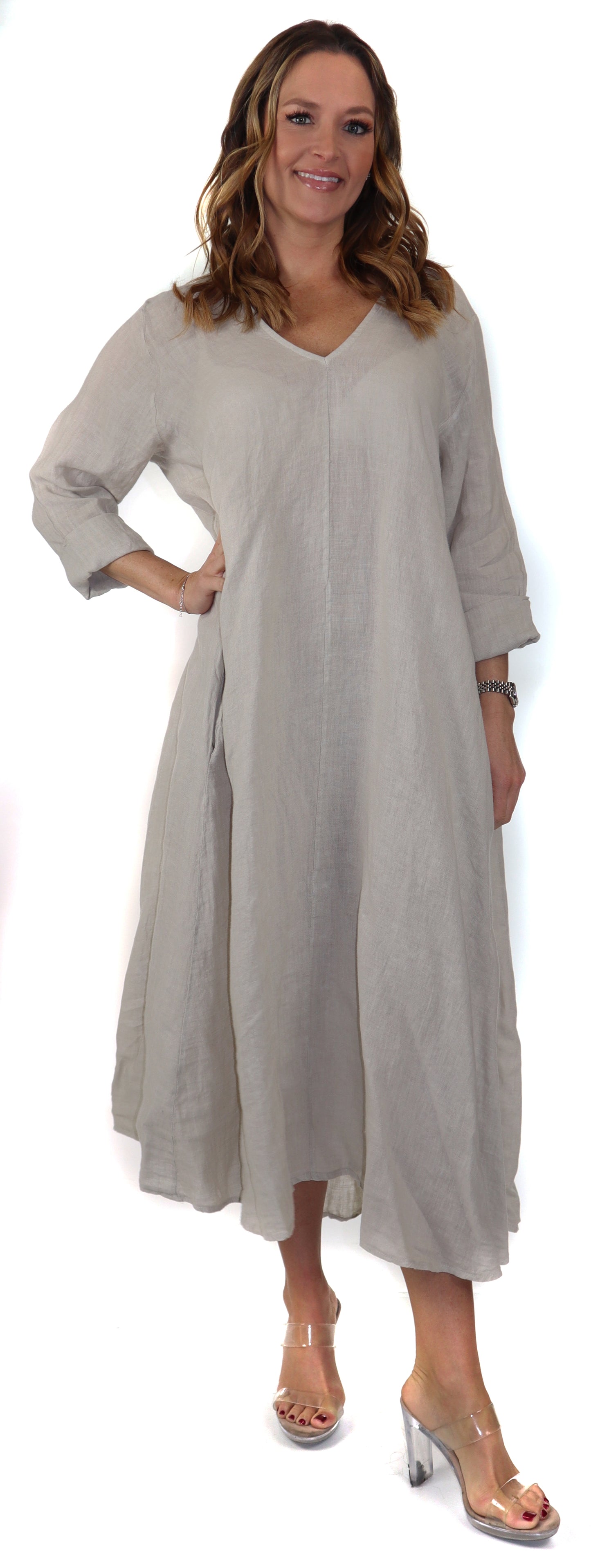 Women's Denim Linen Swing Maxi Dress, Loose Fitting, Made in Italy | Regular and Plus Sizes