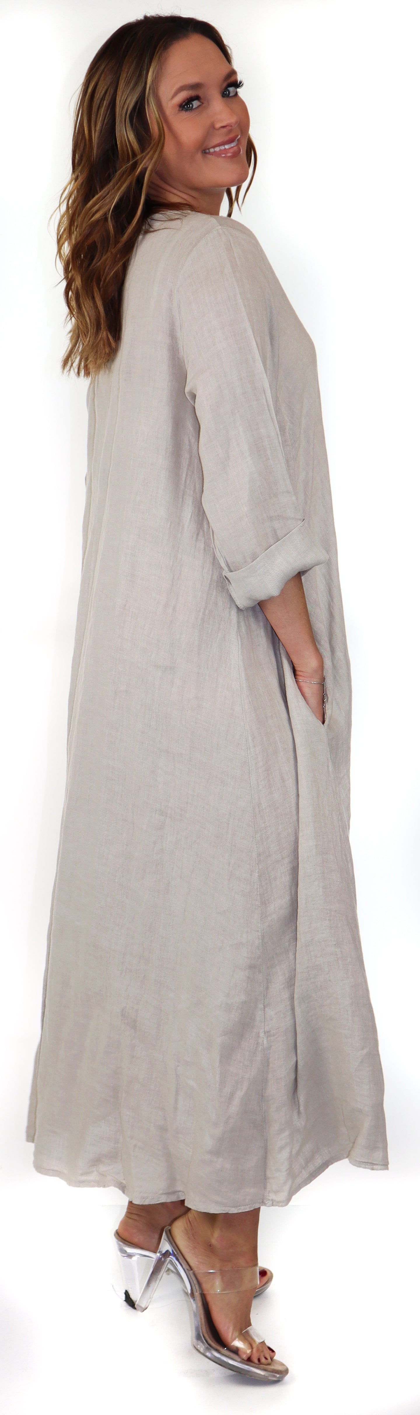 Women's Denim Linen Swing Maxi Dress, Loose Fitting, Made in Italy | Regular and Plus Sizes