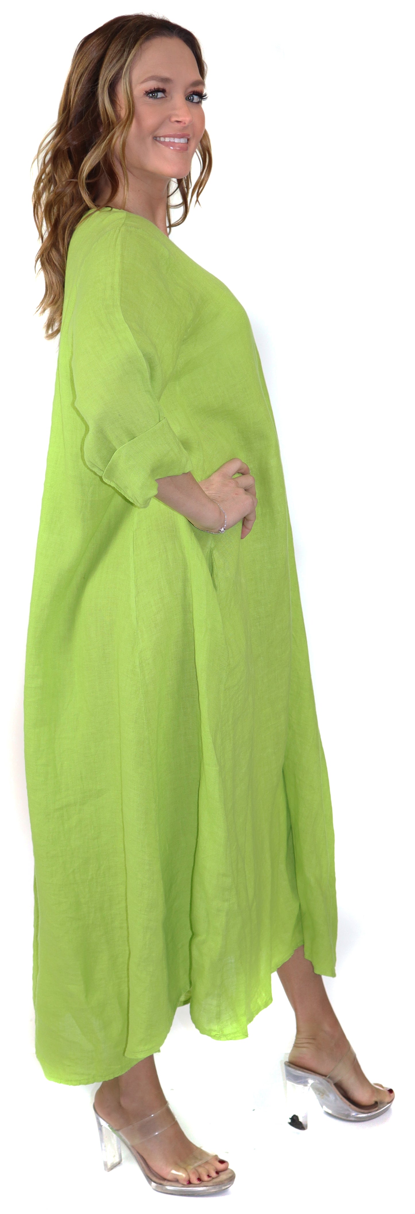 Women's Denim Linen Swing Maxi Dress, Loose Fitting, Made in Italy | Regular and Plus Sizes