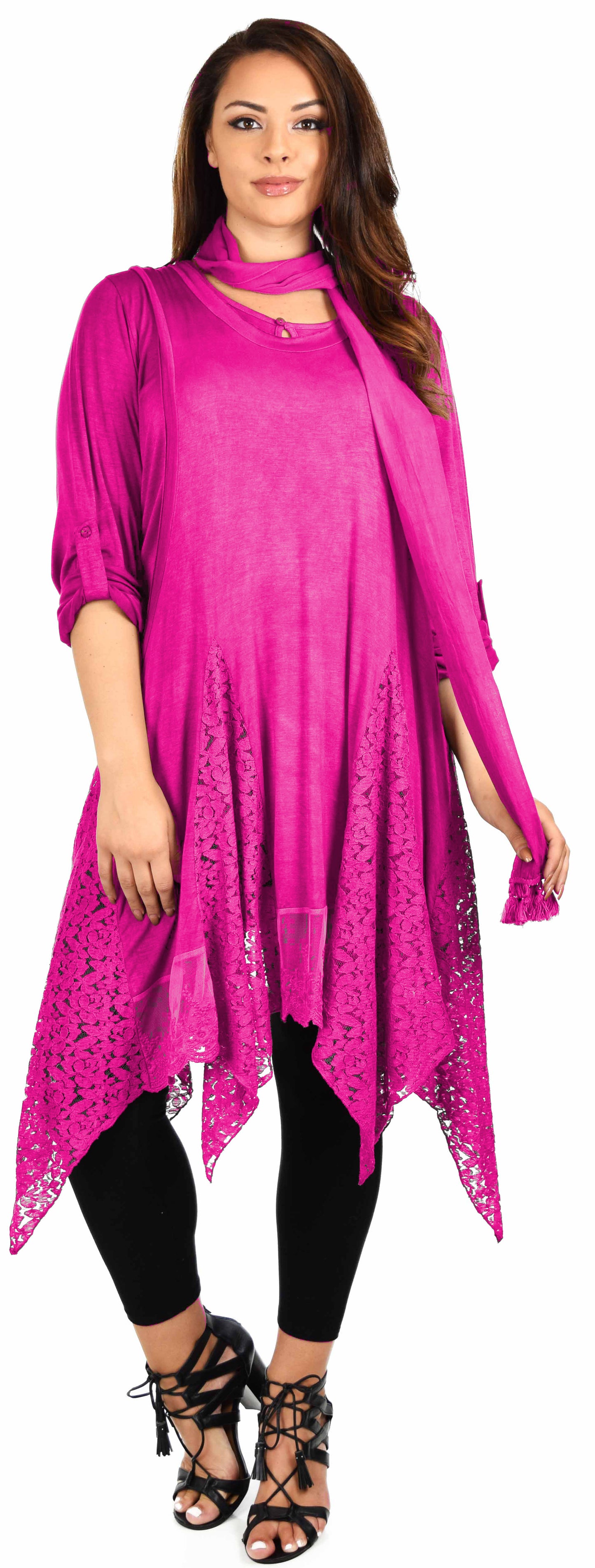 Dare2bStylish Women Plus Size Asymmetrical Lace Tunic Blouse Top Set with Scarf, 3 pc tunic set, Plus size tunic set