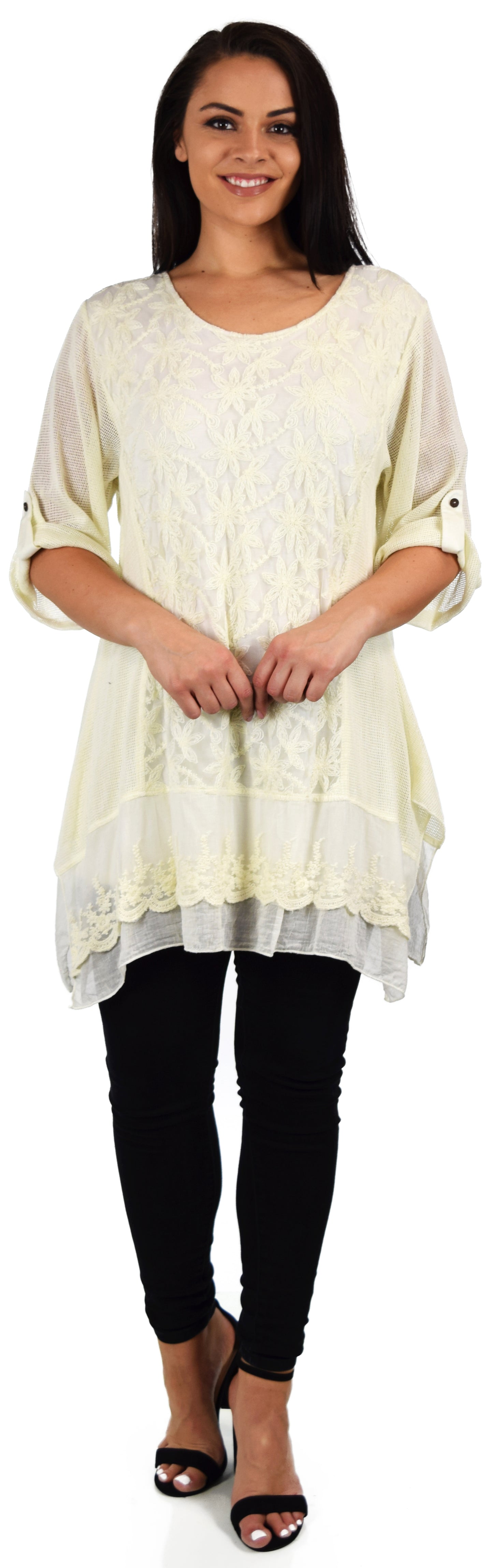Zopali Women's Plus Size Netted Embroidered Lace Blouse Top w/Roll up Sleeves