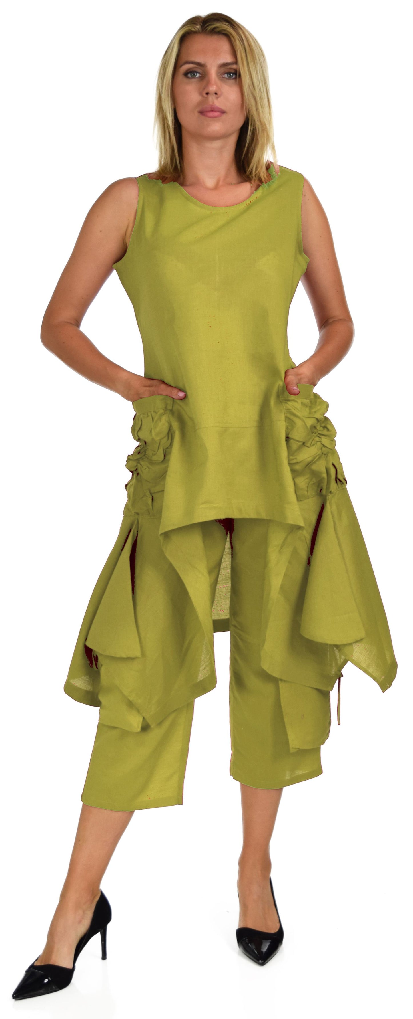 Women's 2 Piece Linen Summer Pants and Sleeveless Top Set, Regular and Plus Sizes