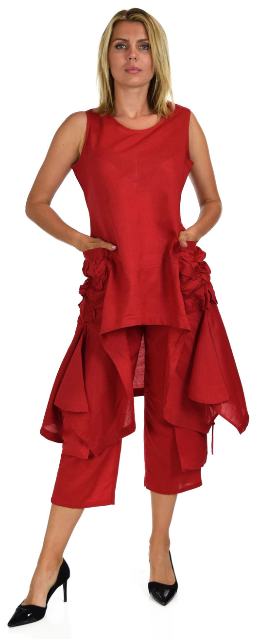 Women's 2 Piece Linen Summer Pants and Sleeveless Top Set, Regular and Plus Sizes