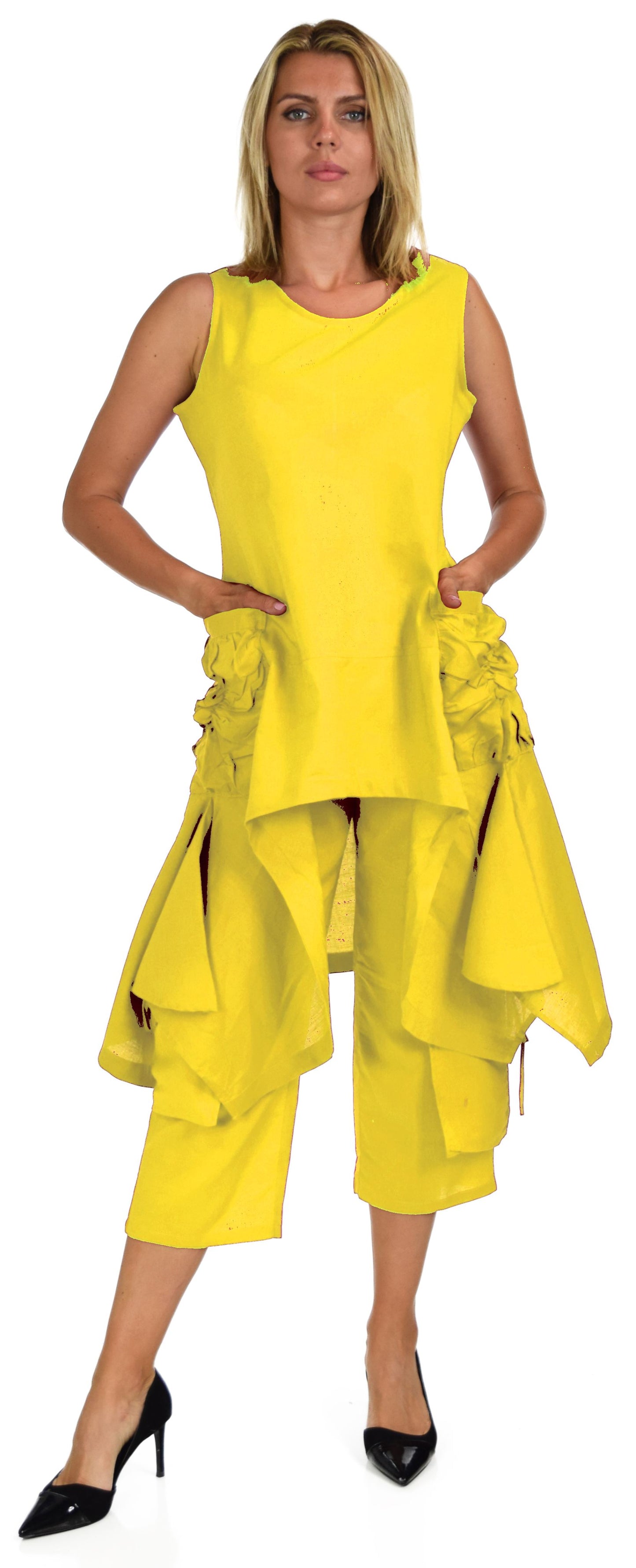Women's 2 Piece Linen Summer Pants and Sleeveless Top Set, Regular and Plus Sizes