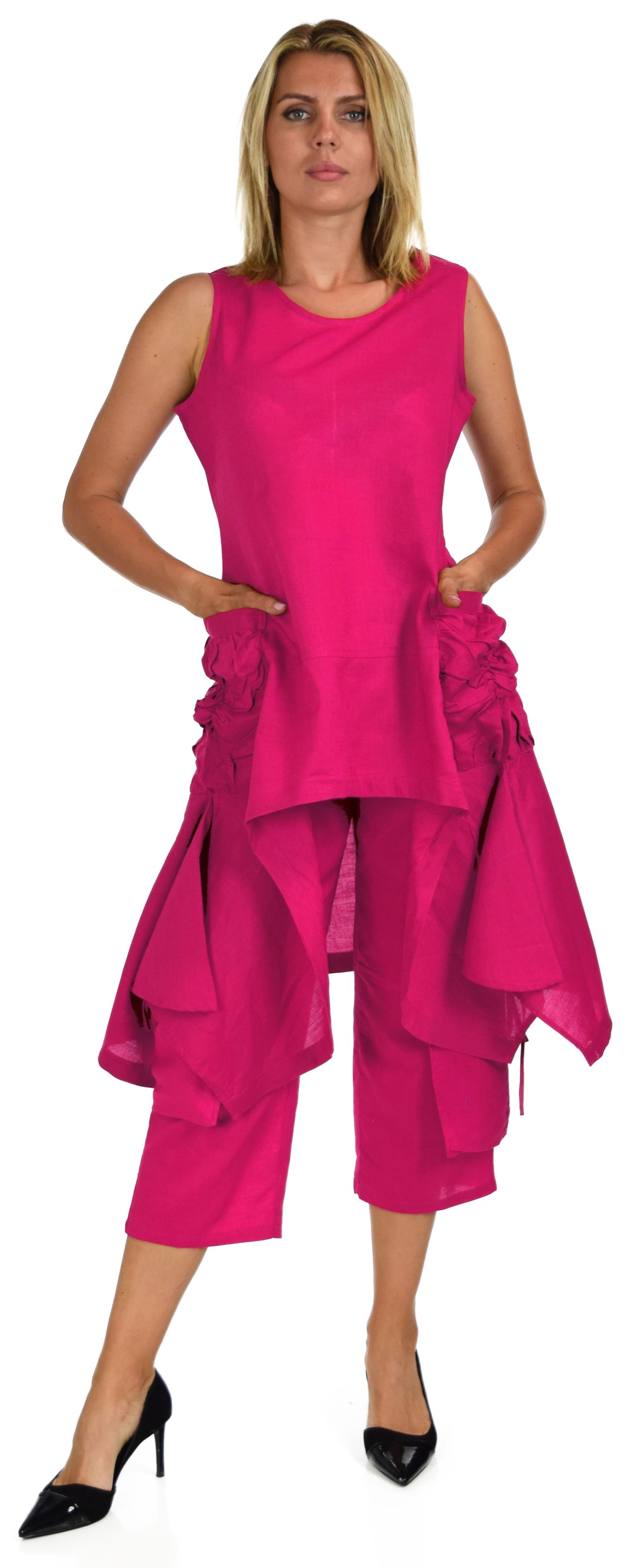 Women's 2 Piece Linen Summer Pants and Sleeveless Top Set, Regular and Plus Sizes