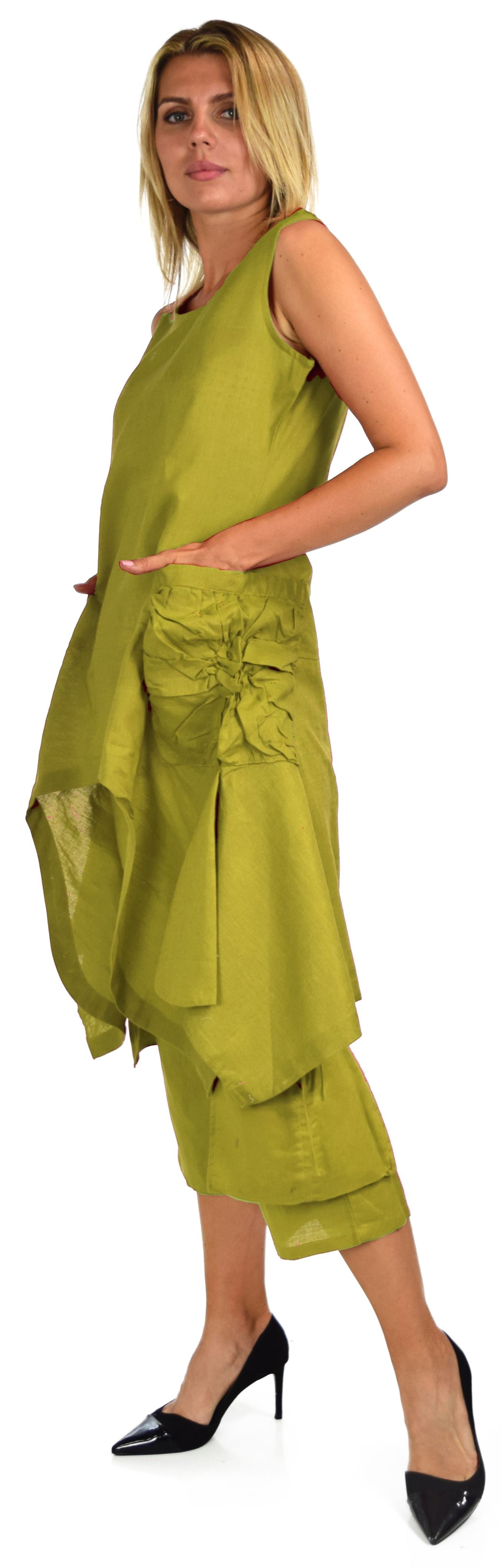 Women's 2 Piece Linen Summer Pants and Sleeveless Top Set, Regular and Plus Sizes
