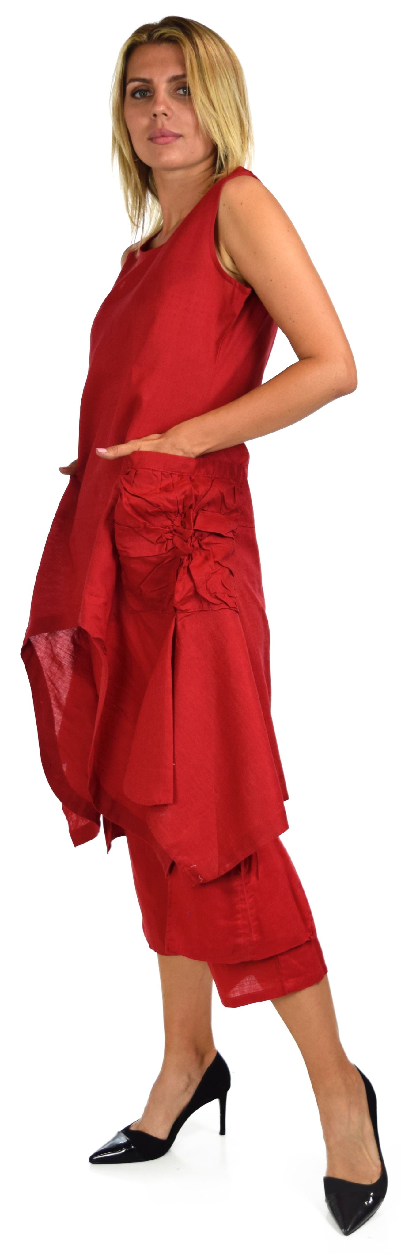 Women's 2 Piece Linen Summer Pants and Sleeveless Top Set, Regular and Plus Sizes
