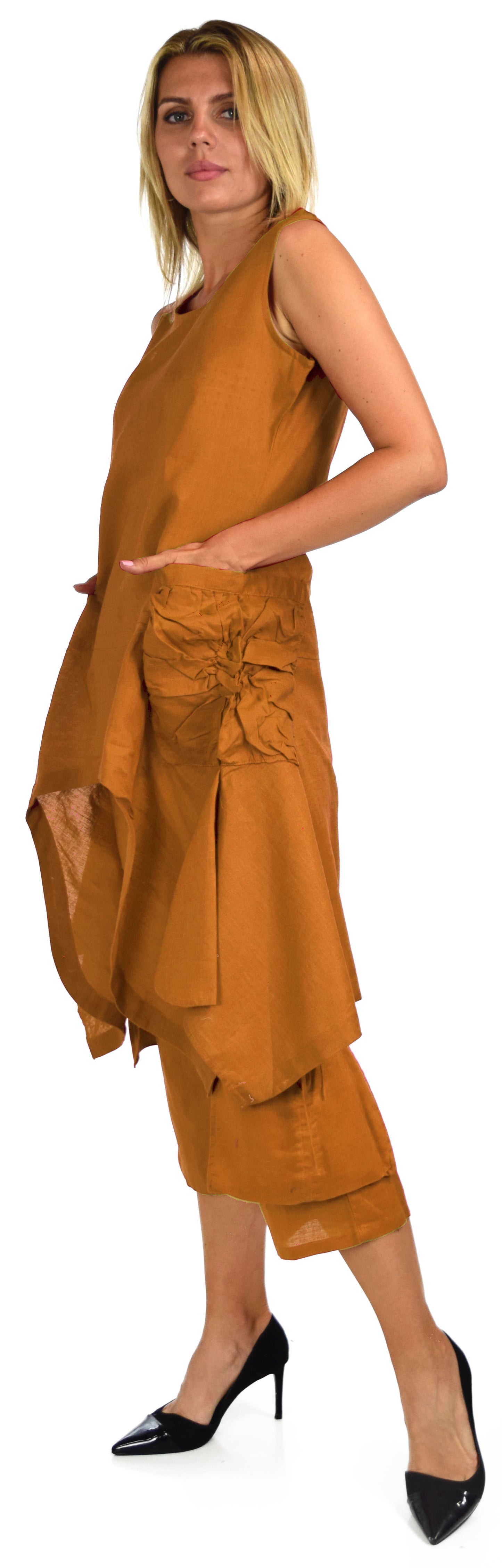 Women's 2 Piece Linen Summer Pants and Sleeveless Top Set, Regular and Plus Sizes