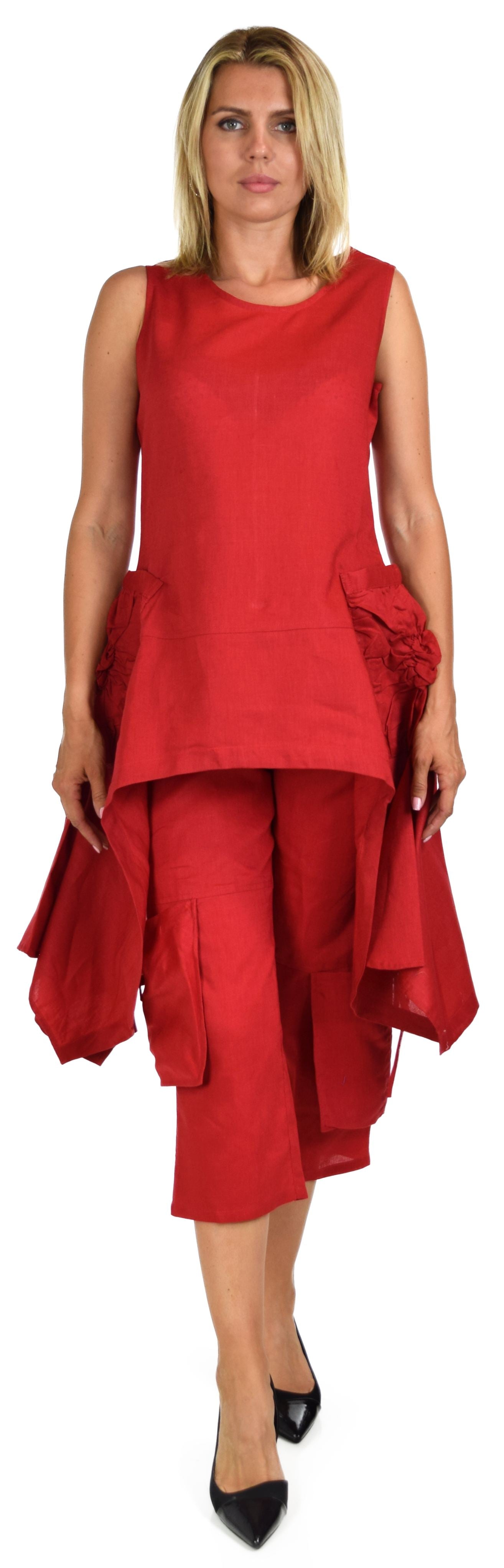 Women's 2 Piece Linen Summer Pants and Sleeveless Top Set, Regular and Plus Sizes