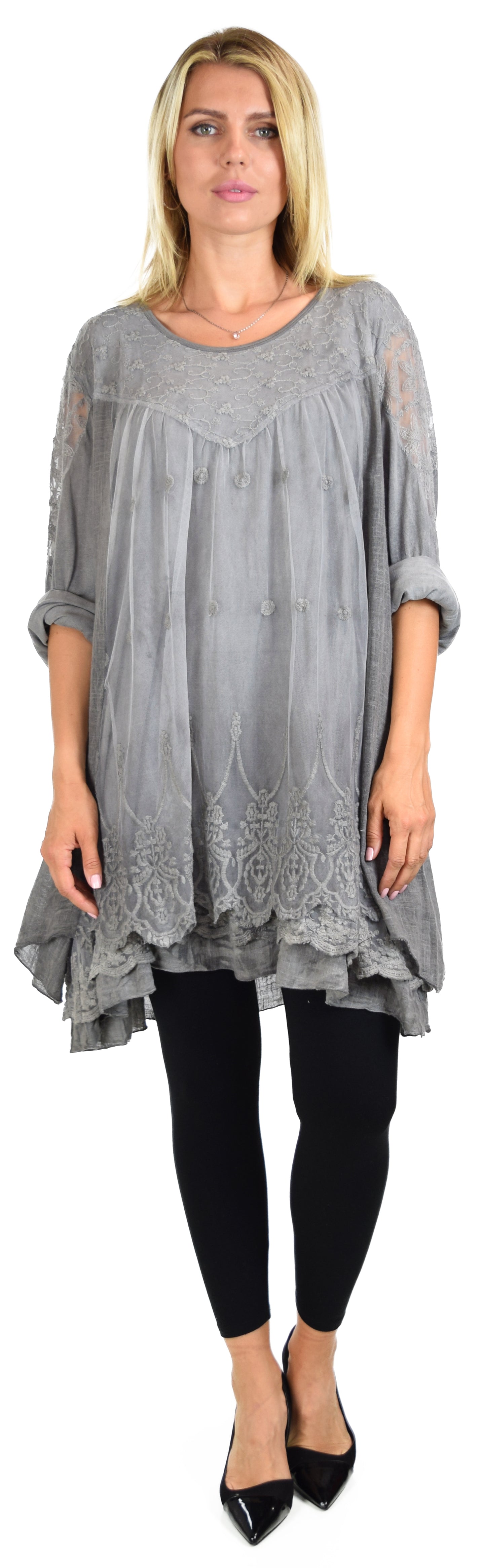 Women Plus Size Lace Blouse Top with Roll Up Sleeves