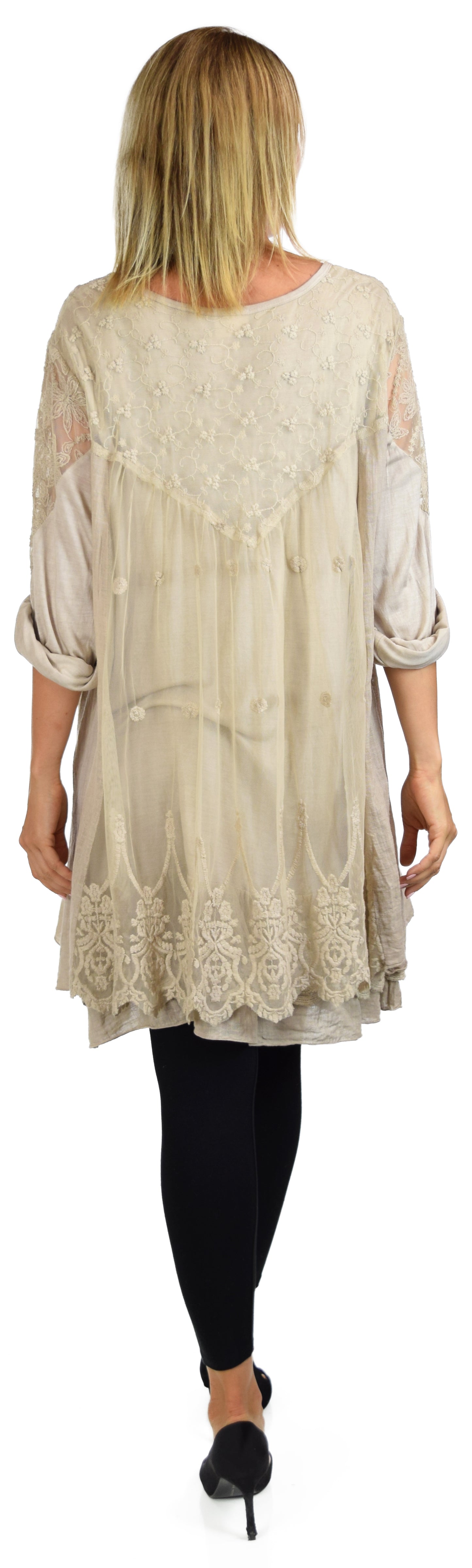 Women Plus Size Lace Blouse Top with Roll Up Sleeves