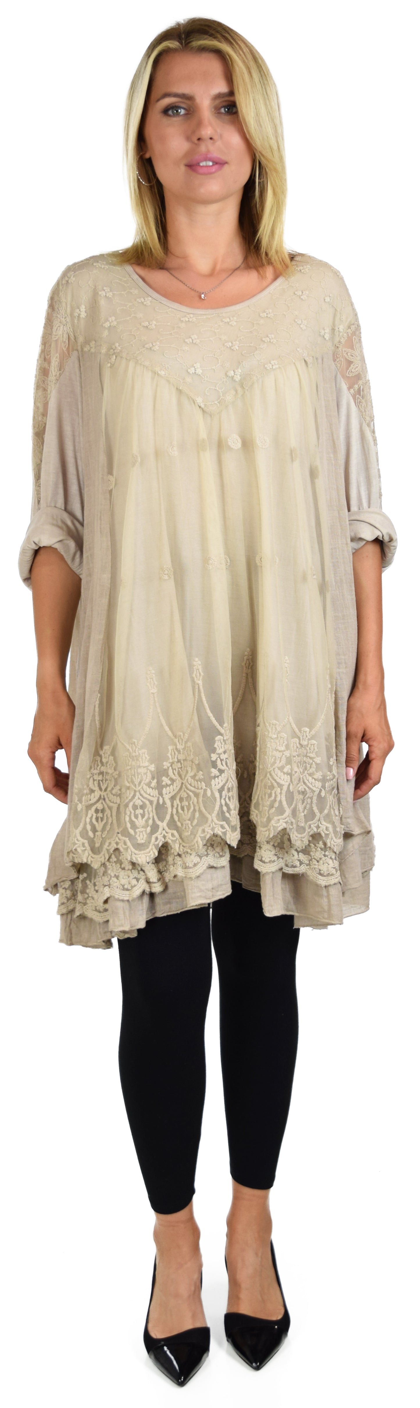 Women Plus Size Lace Blouse Top with Roll Up Sleeves