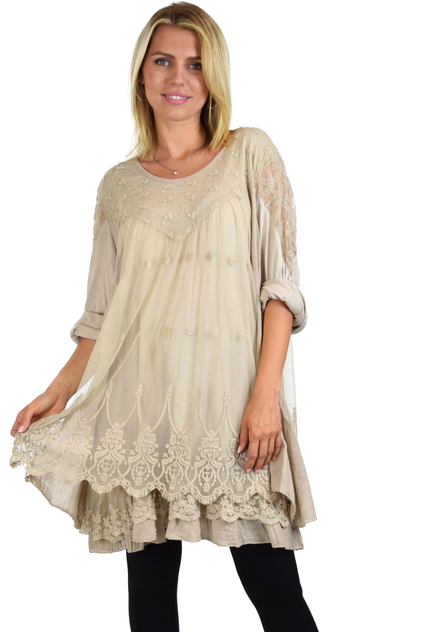 Women Plus Size Lace Blouse Top with Roll Up Sleeves