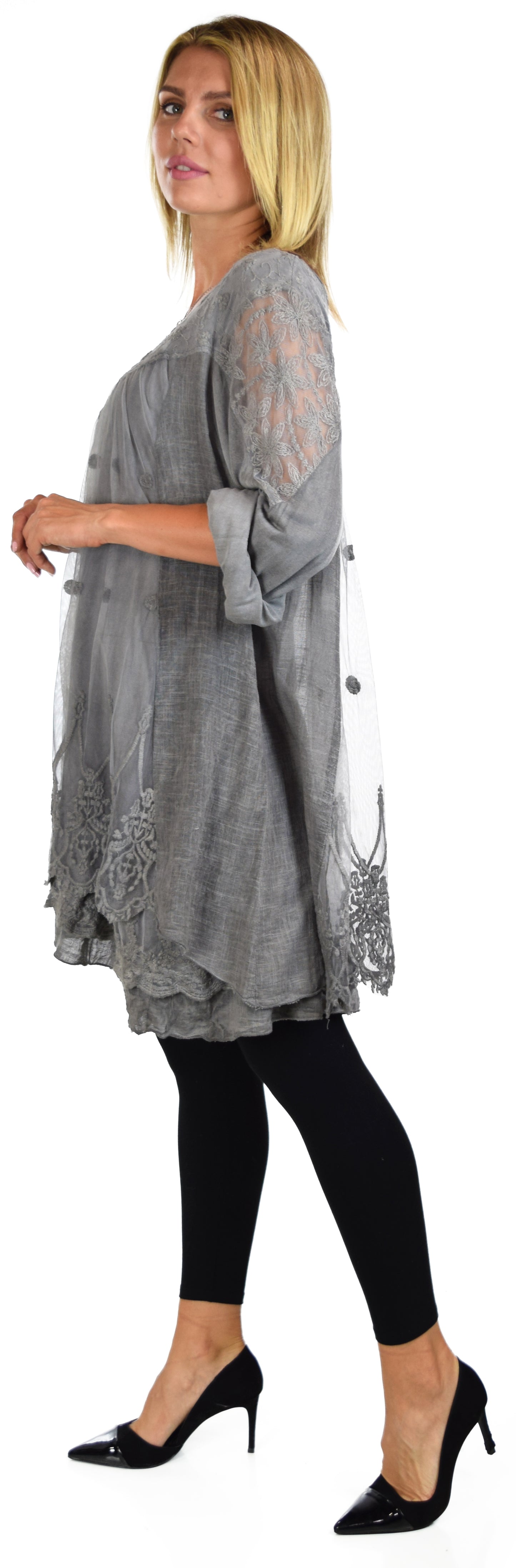 Women Plus Size Lace Blouse Top with Roll Up Sleeves