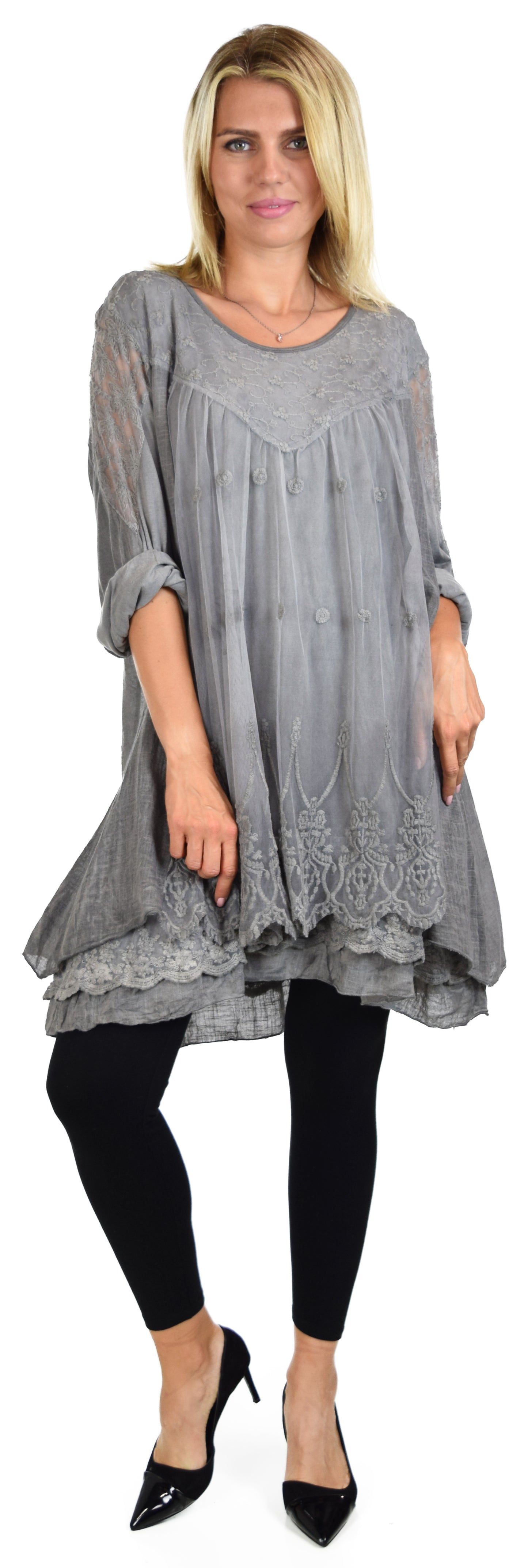 Women Plus Size Lace Blouse Top with Roll Up Sleeves
