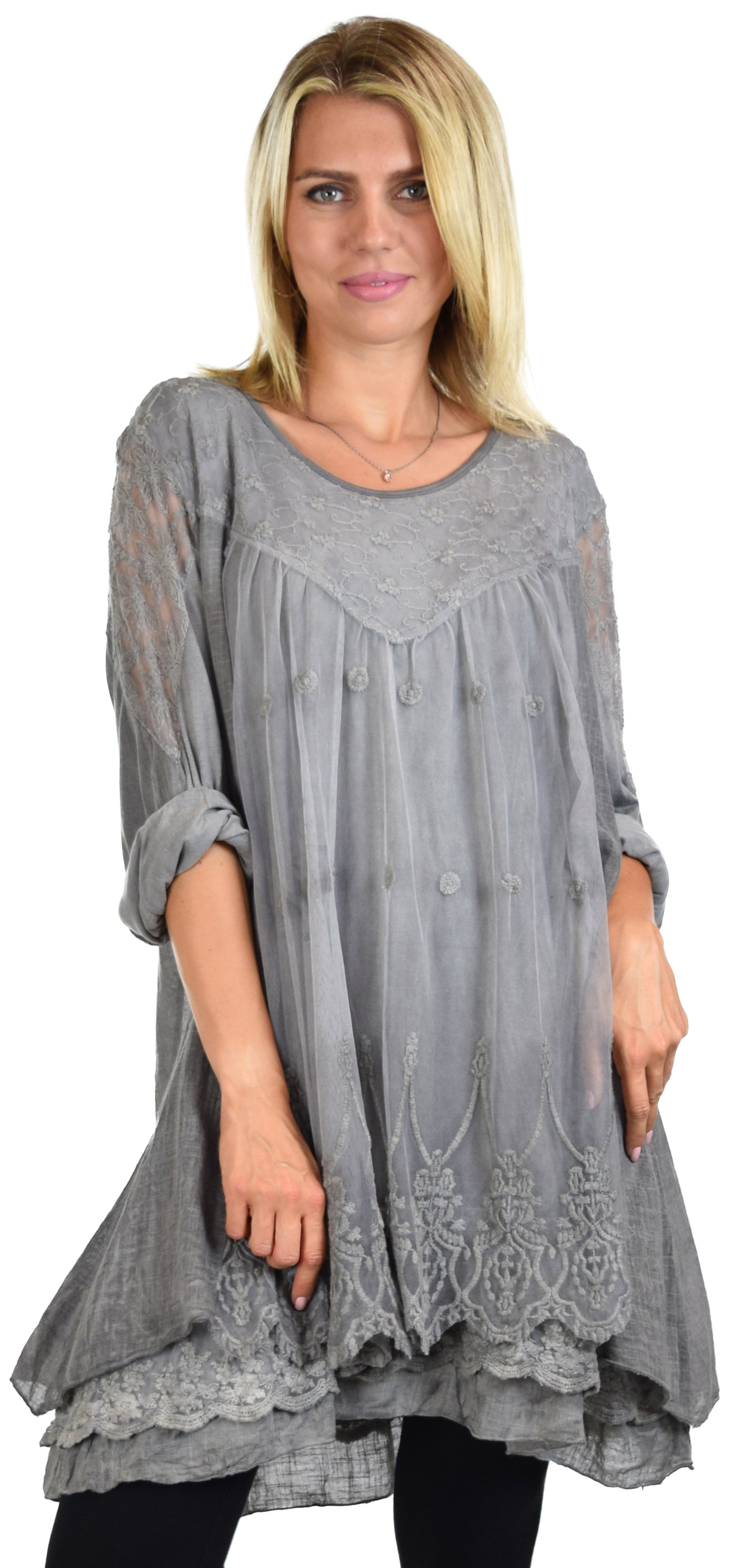 Women Plus Size Lace Blouse Top with Roll Up Sleeves