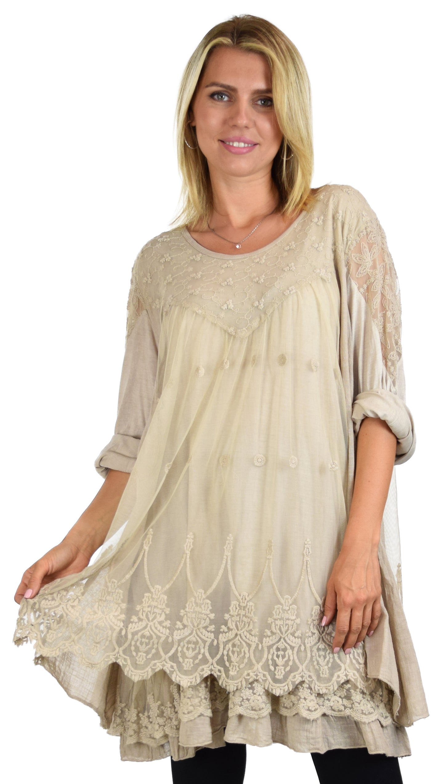 Women Plus Size Lace Blouse Top with Roll Up Sleeves