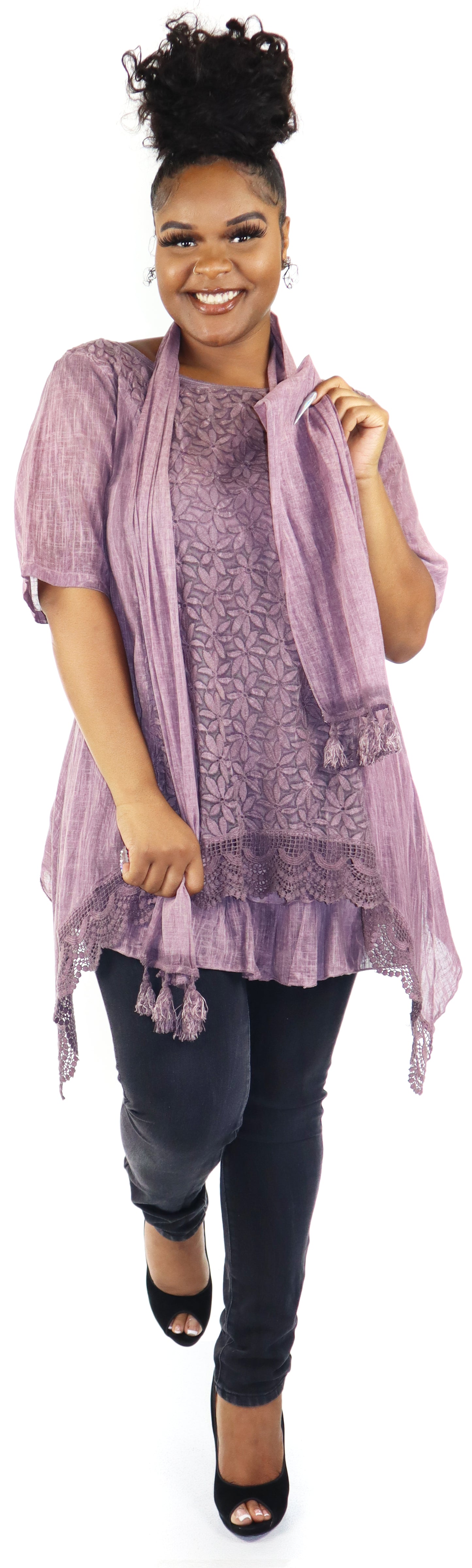 Women Plus Size Asymmetrical Tunic, Lace Tunic Blouse Top Set with Scarf, 3 pc tunic set, Plus size tunic set, L, XL, 1XL