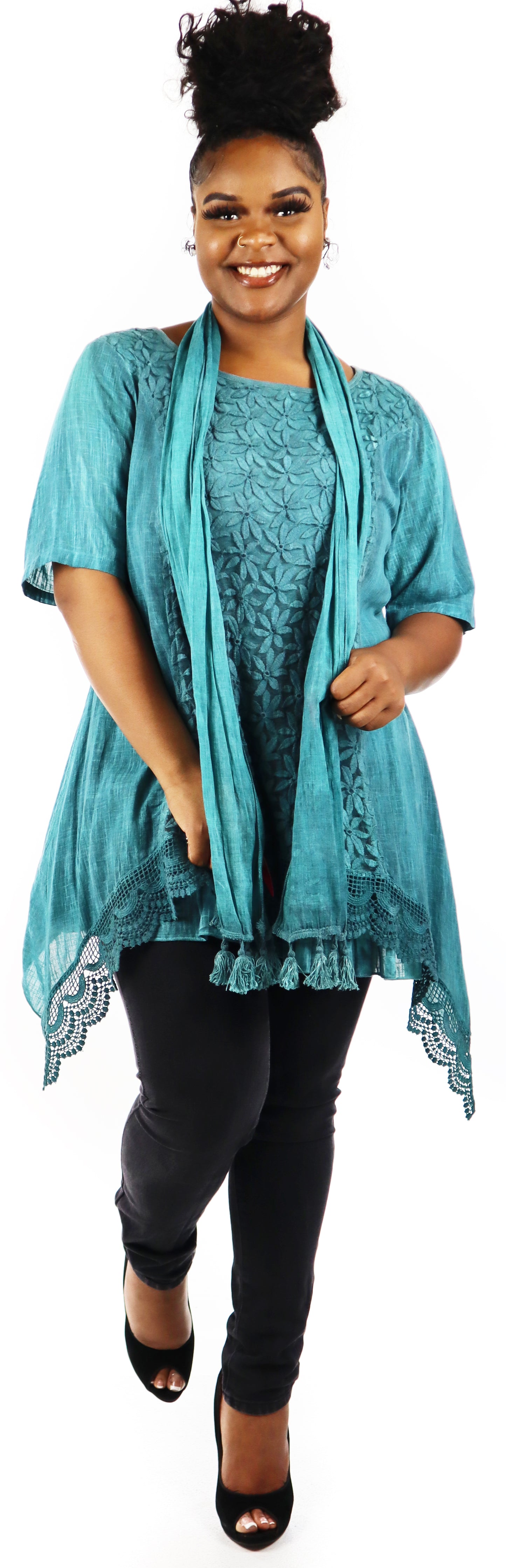 Women Plus Size Asymmetrical Tunic, Lace Tunic Blouse Top Set with Scarf, 3 pc tunic set, Plus size tunic set, L, XL, 1XL