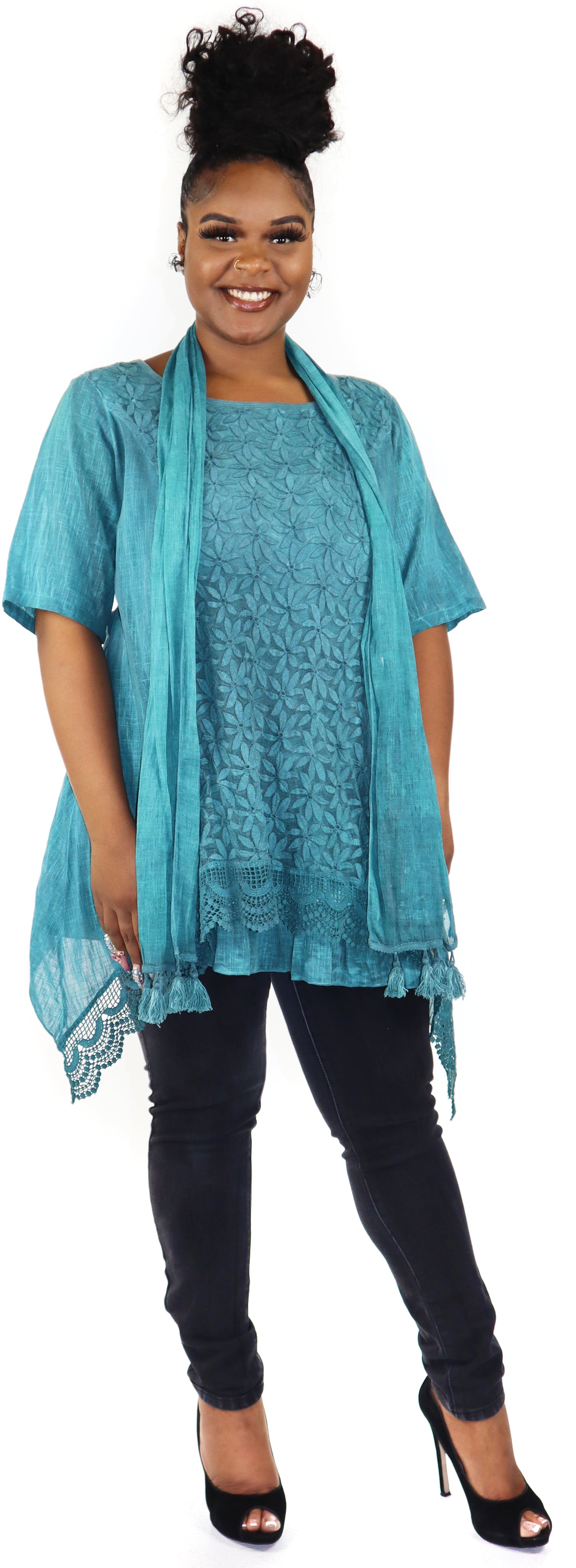 Women Plus Size Asymmetrical Tunic, Lace Tunic Blouse Top Set with Scarf, 3 pc tunic set, Plus size tunic set, L, XL, 1XL