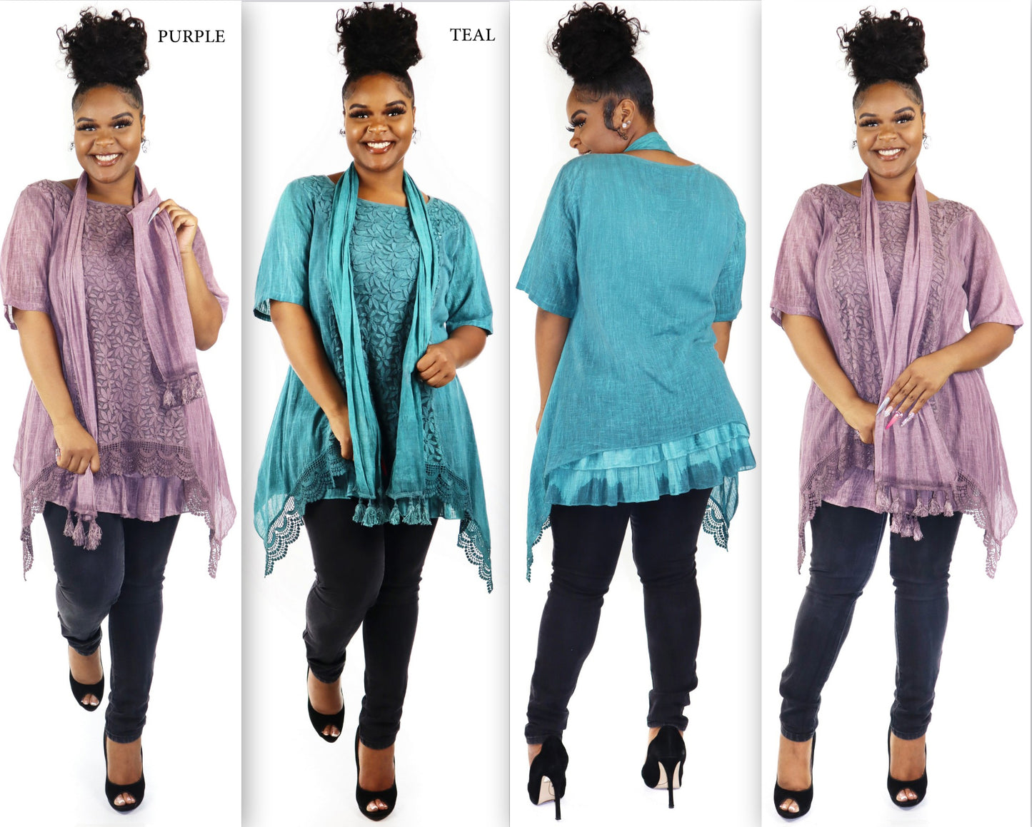 Women Plus Size Asymmetrical Tunic, Lace Tunic Blouse Top Set with Scarf, 3 pc tunic set, Plus size tunic set, L, XL, 1XL