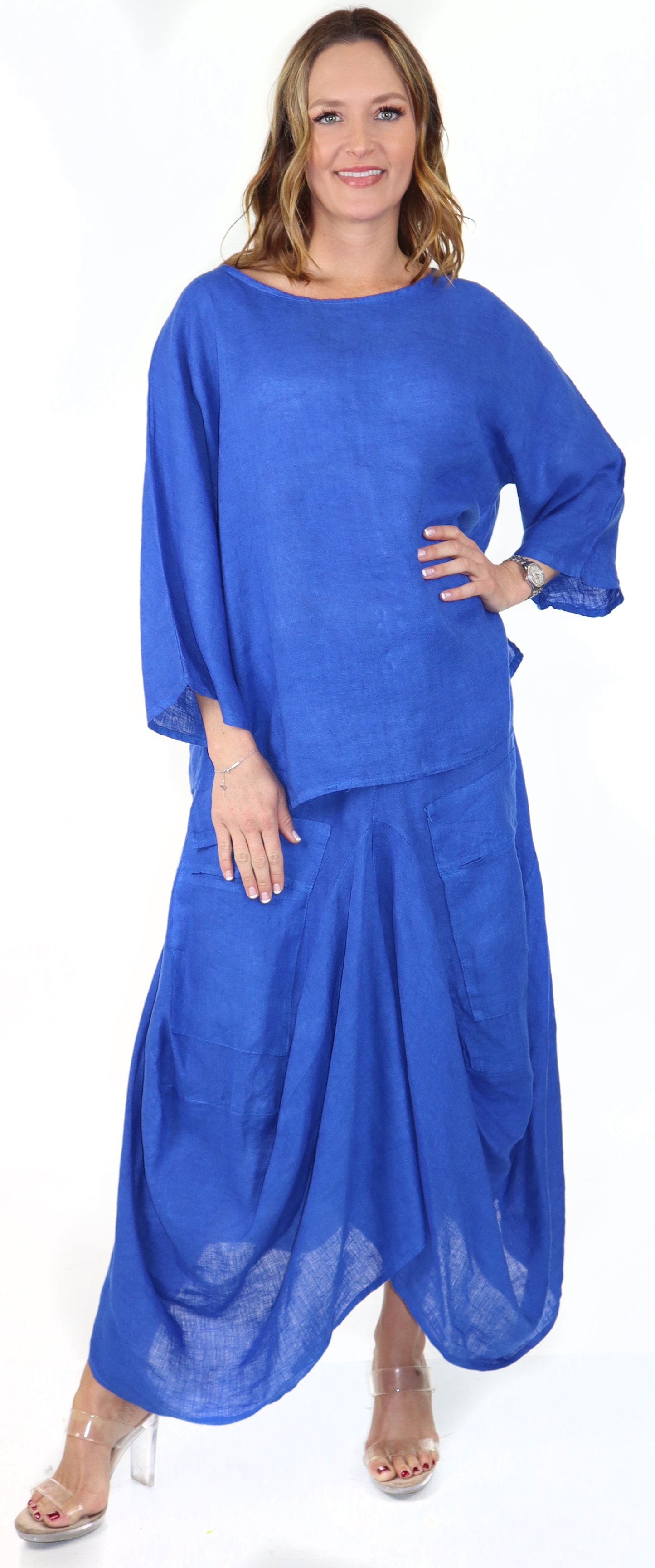 Linen Boho Breathable 2 Piece Pure Washed European Skirt and Top Set, Made in Italy Active