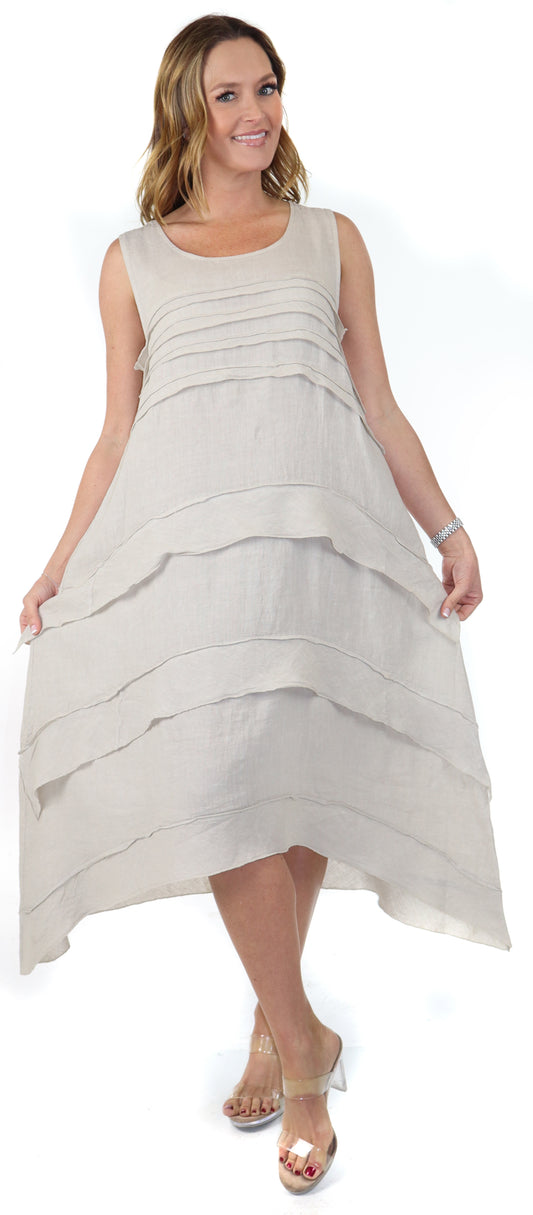 Women's Asymmetrical Hi Low Maxi Dress, 7 Ruffle Trim, 100% Natural Linen and Made in Italy, Regular and Plus Sizes