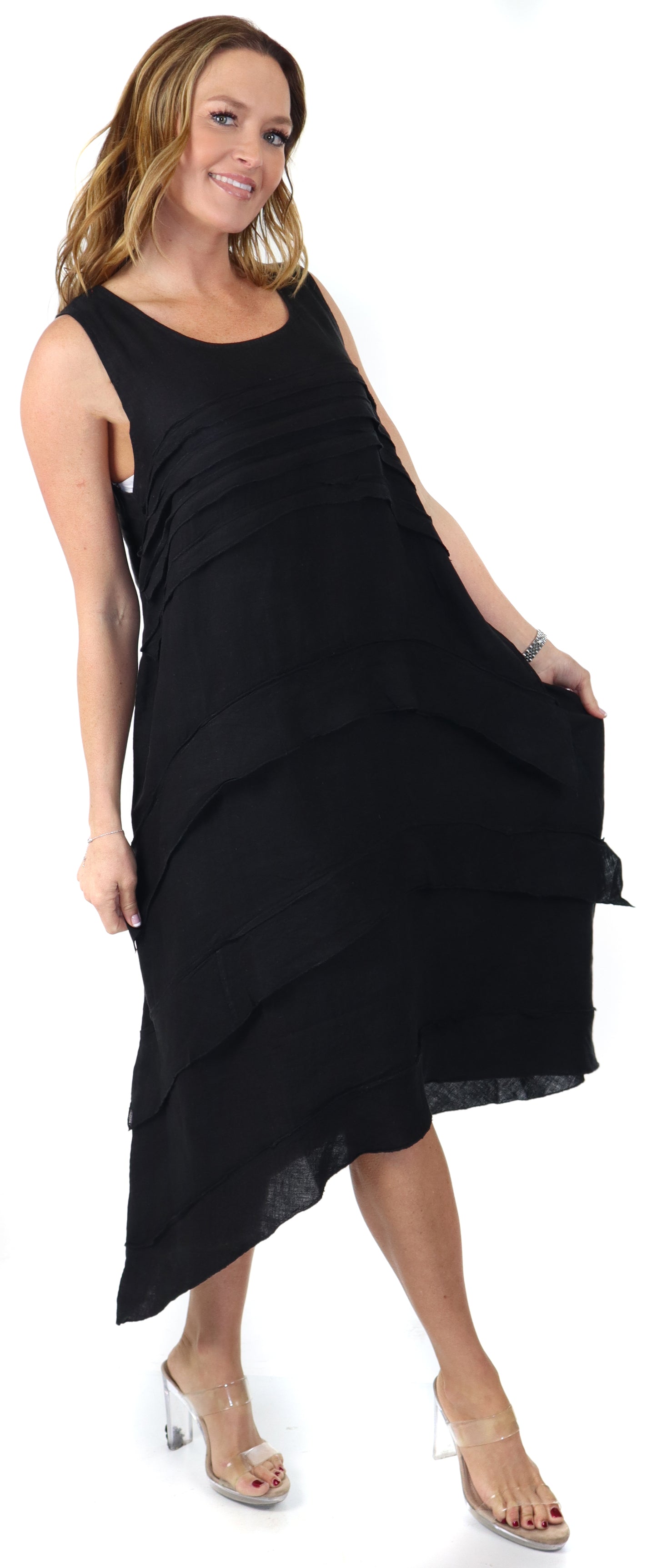 Women's Asymmetrical Hi Low Maxi Dress, 7 Ruffle Trim, 100% Natural Linen and Made in Italy, Regular and Plus Sizes