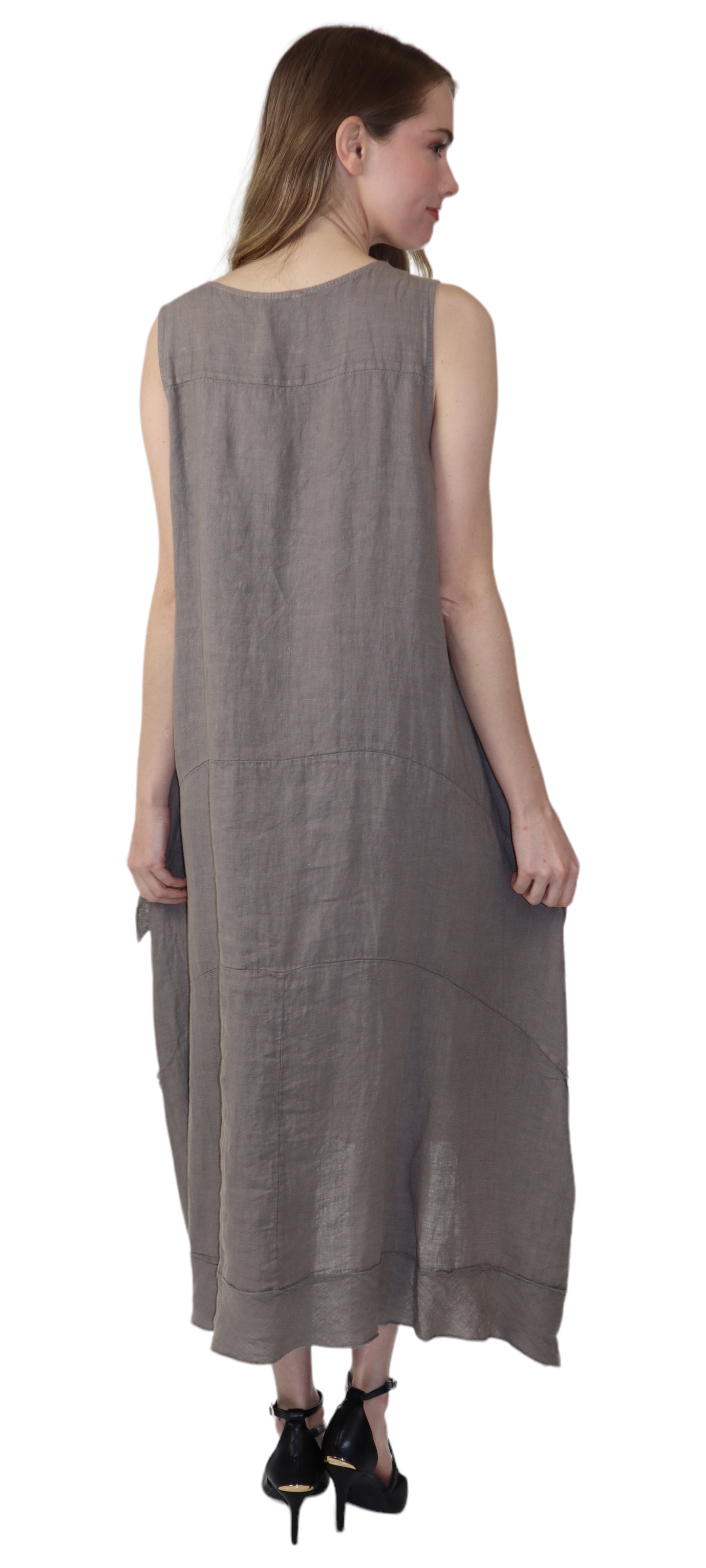 Women's Asymmetrical Hi Low Maxi Dress, 7 Ruffle Trim, 100% Natural Linen and Made in Italy, Regular and Plus Sizes