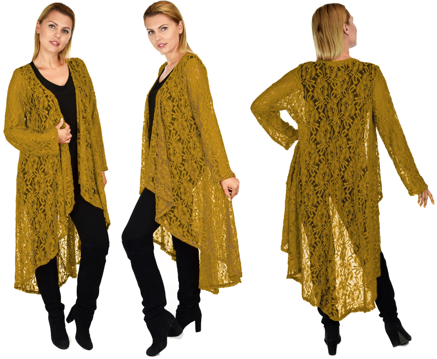 Dare2bStylish Women Plus Size High Low Open Front Lace Duster Cardigan Jacket