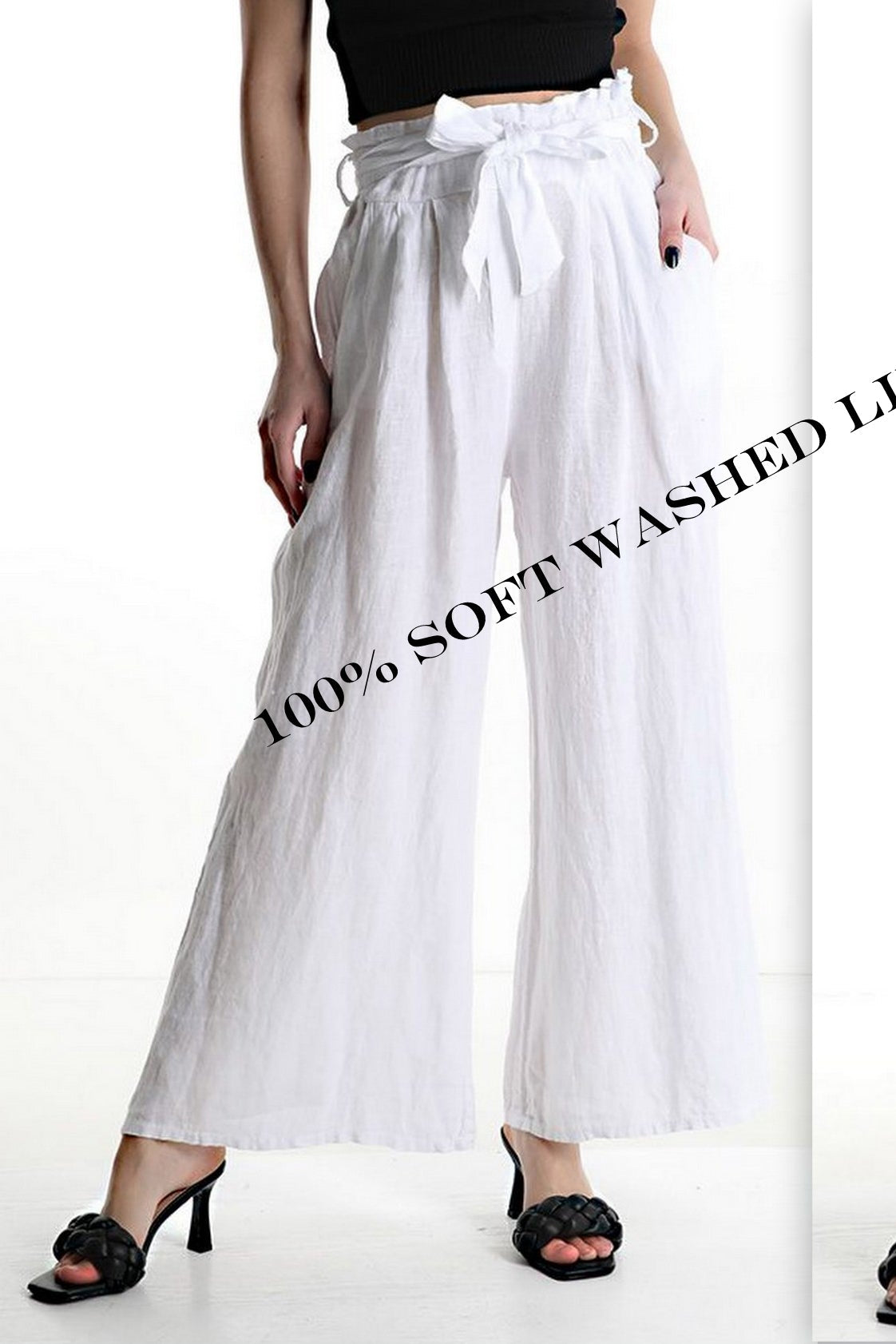 Pure washed linen Pants with the tie belt and elastic waist
