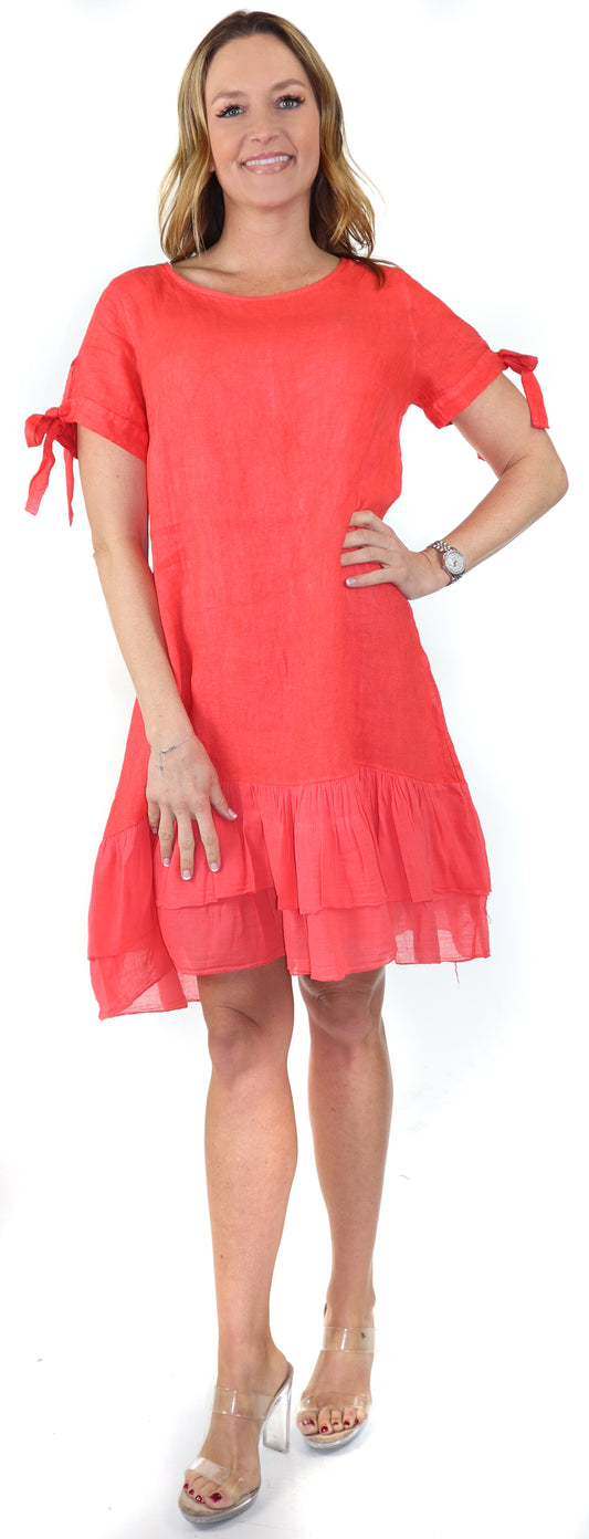 Women's Summer Dress with Bow tie Frills, Made in Italy, Regular and Plus Sizes, 100% Linen, Made in Italy
