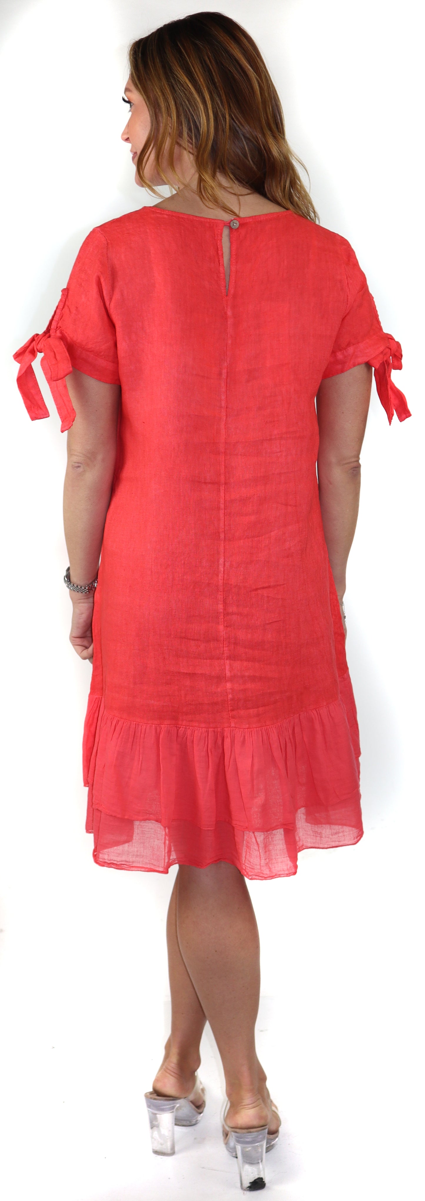 Women's Summer Dress with Bow tie Frills, Made in Italy, Regular and Plus Sizes, 100% Linen, Made in Italy
